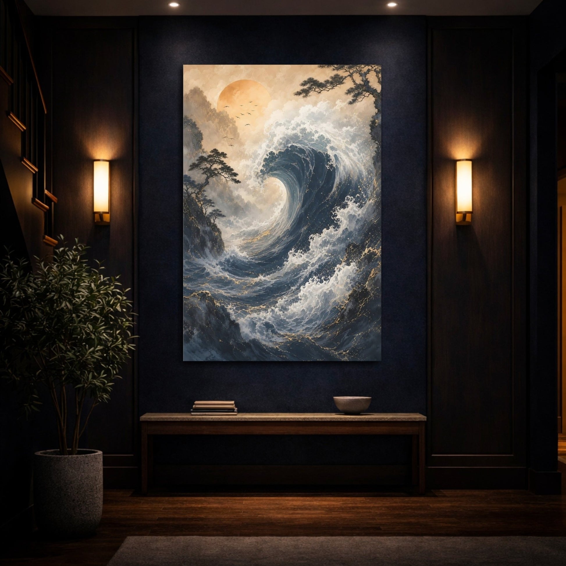 Nature Ocean Wave Blue Gold Canvas Print – Living Room, Above Couch - YesArtYes