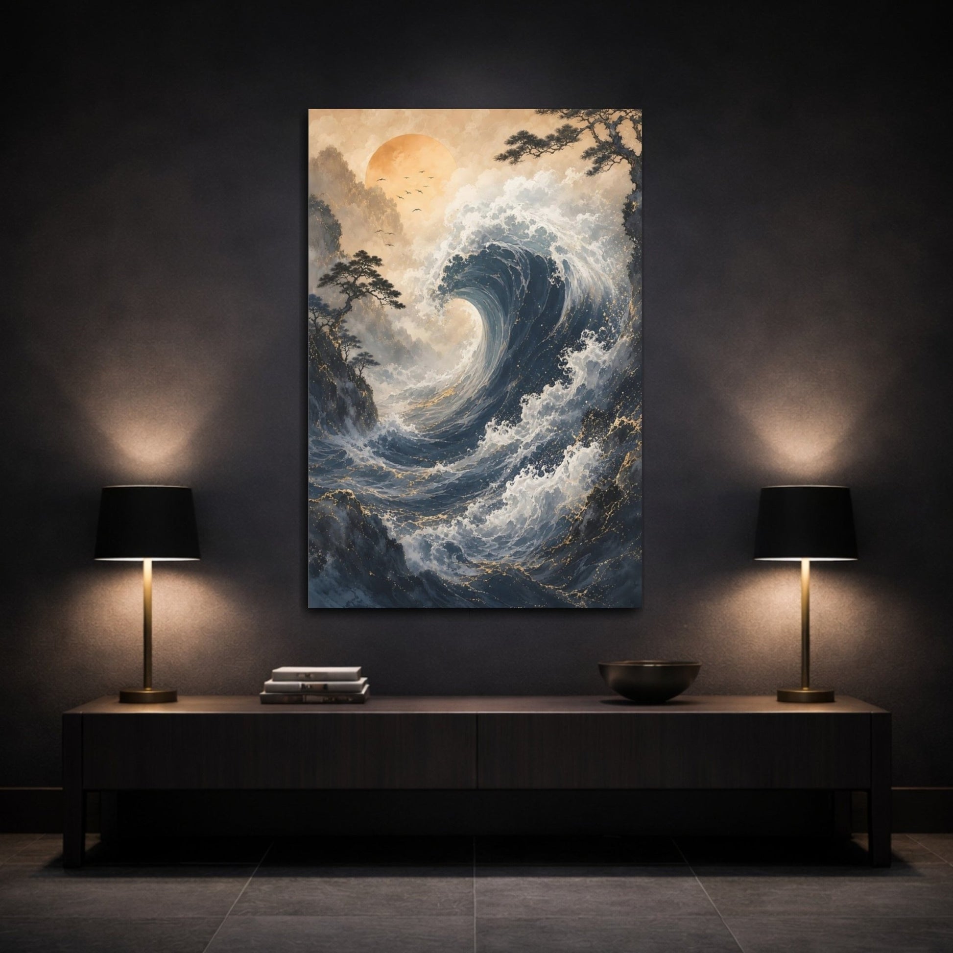 Nature Ocean Wave Blue Gold Canvas Print – Living Room, Above Couch - YesArtYes