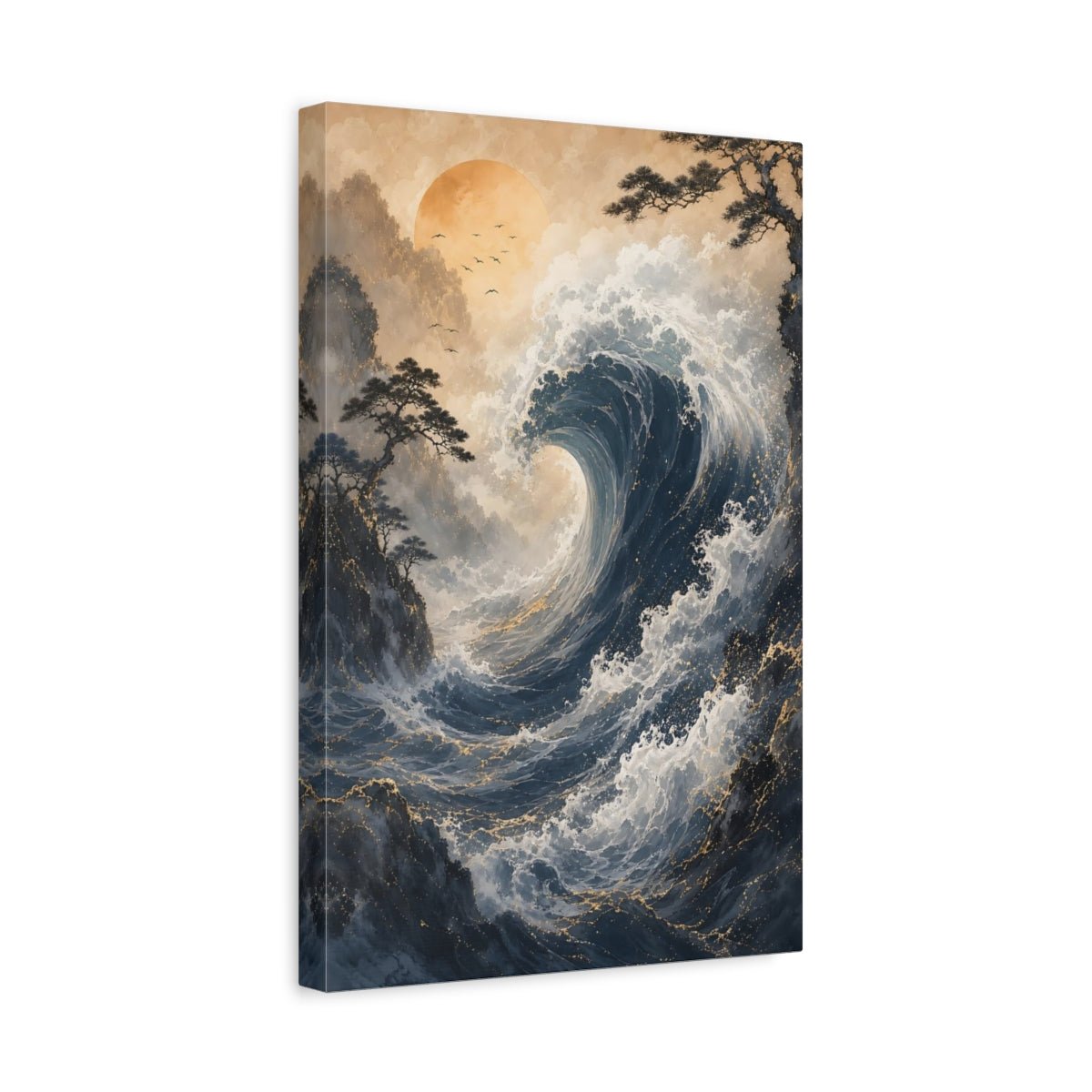 Nature Ocean Wave Blue Gold Canvas Print – Living Room, Above Couch - YesArtYes