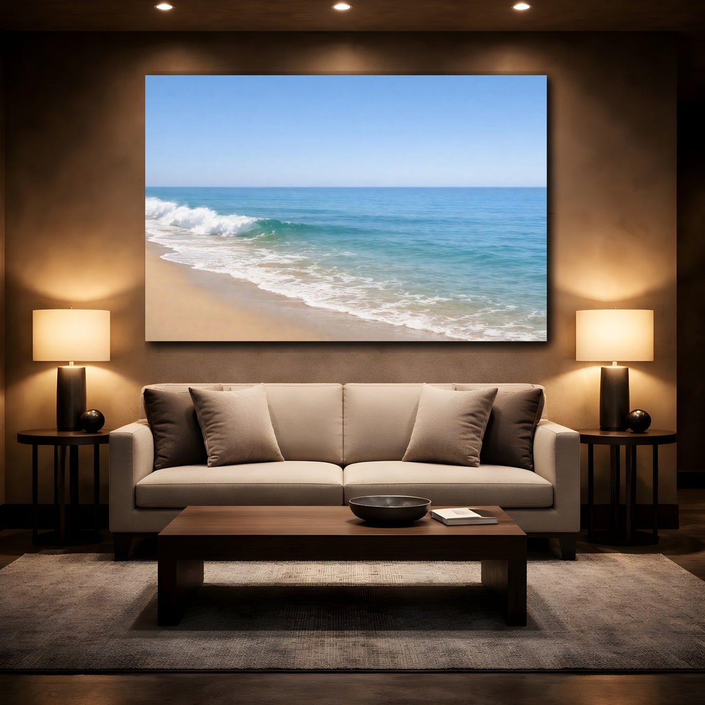 Mockup 3. Nature Ocean Wave Blue Ocean Beach shown as stretched canvas wall art