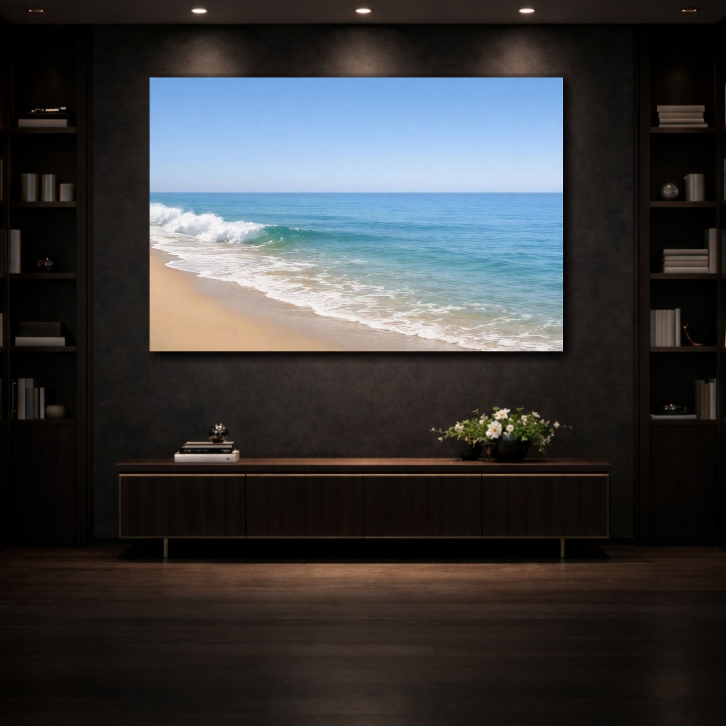 Mockup 4. Nature Ocean Wave Blue Ocean Beach shown as stretched canvas wall art