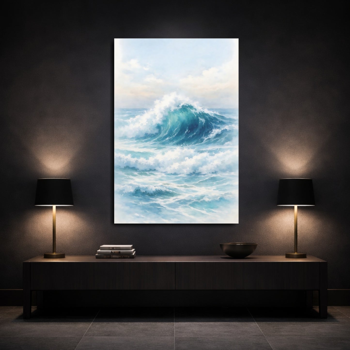 Mockup 2. Nature Ocean Wave Blue Ocean Wave shown as stretched canvas wall art