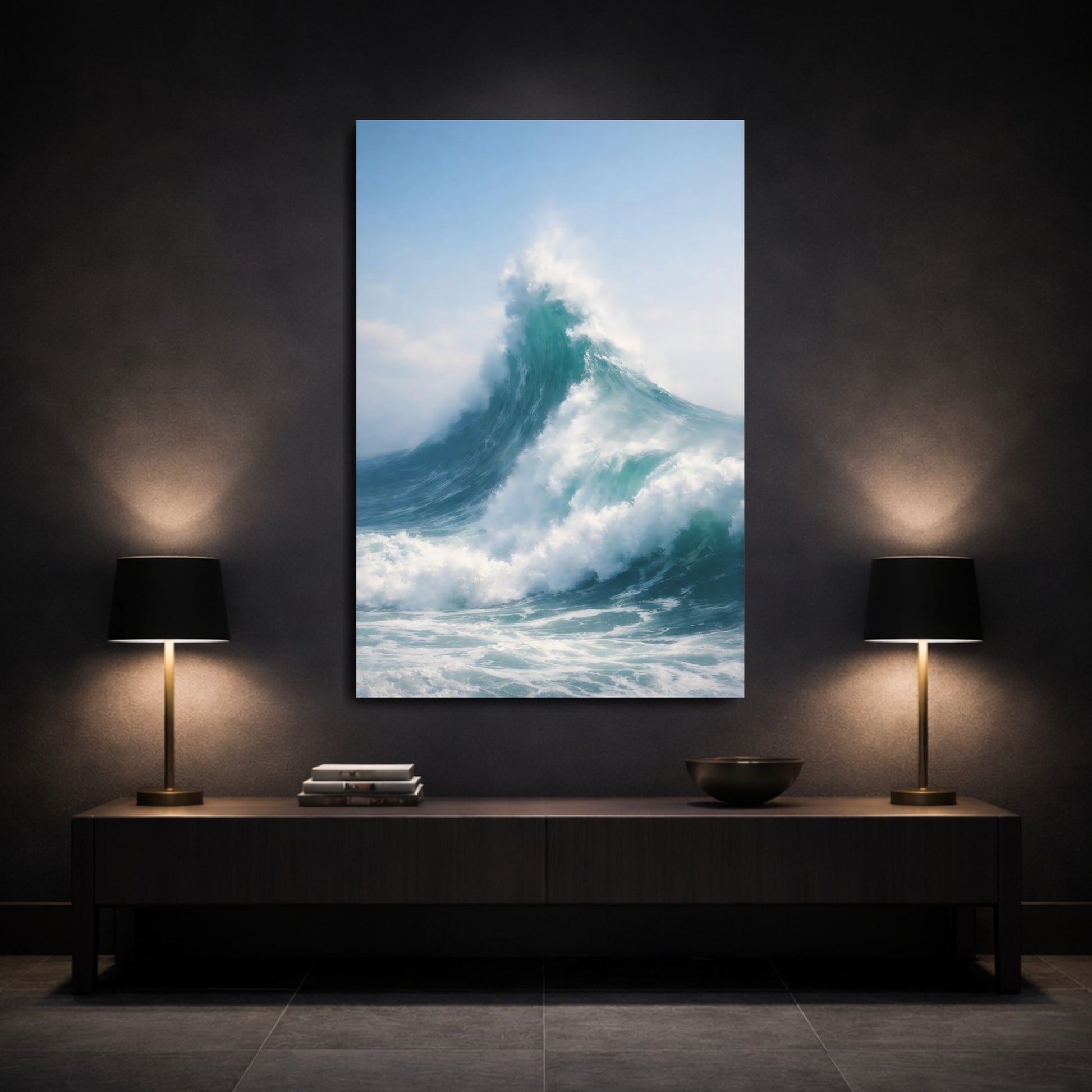 Mockup 2. Nature Ocean Wave Blue Ocean Wave shown as stretched canvas wall art