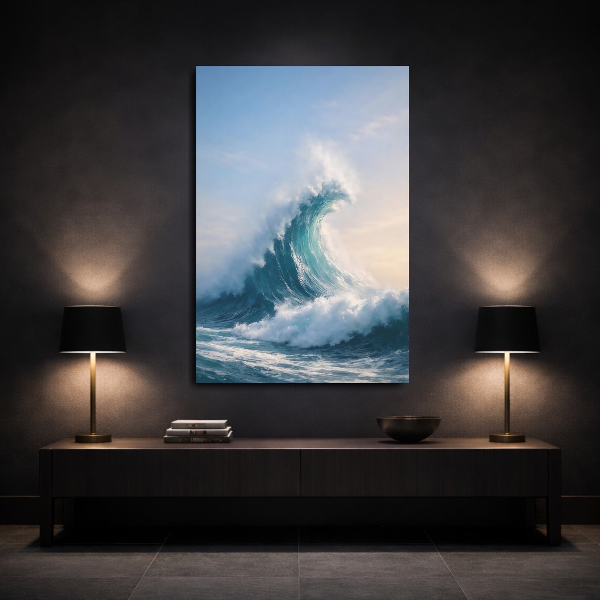 Mockup 2. Nature Ocean Wave Blue Ocean Wave shown as stretched canvas wall art