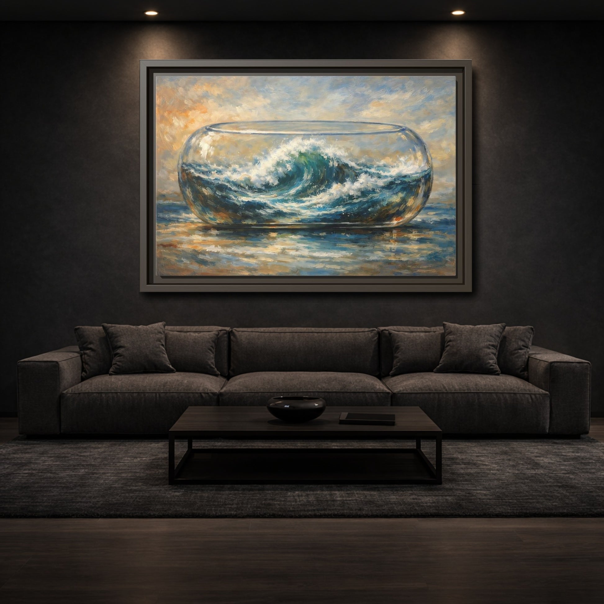 Mockup 2. Nature Ocean Wave Blue Ocean Wave shown as stretched canvas wall art