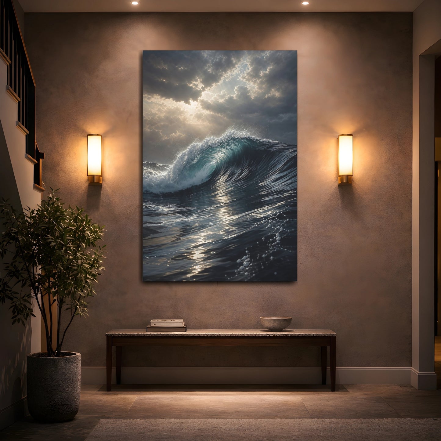 Mockup 2. Nature Ocean Wave Blue Ocean Wave shown as stretched canvas wall art