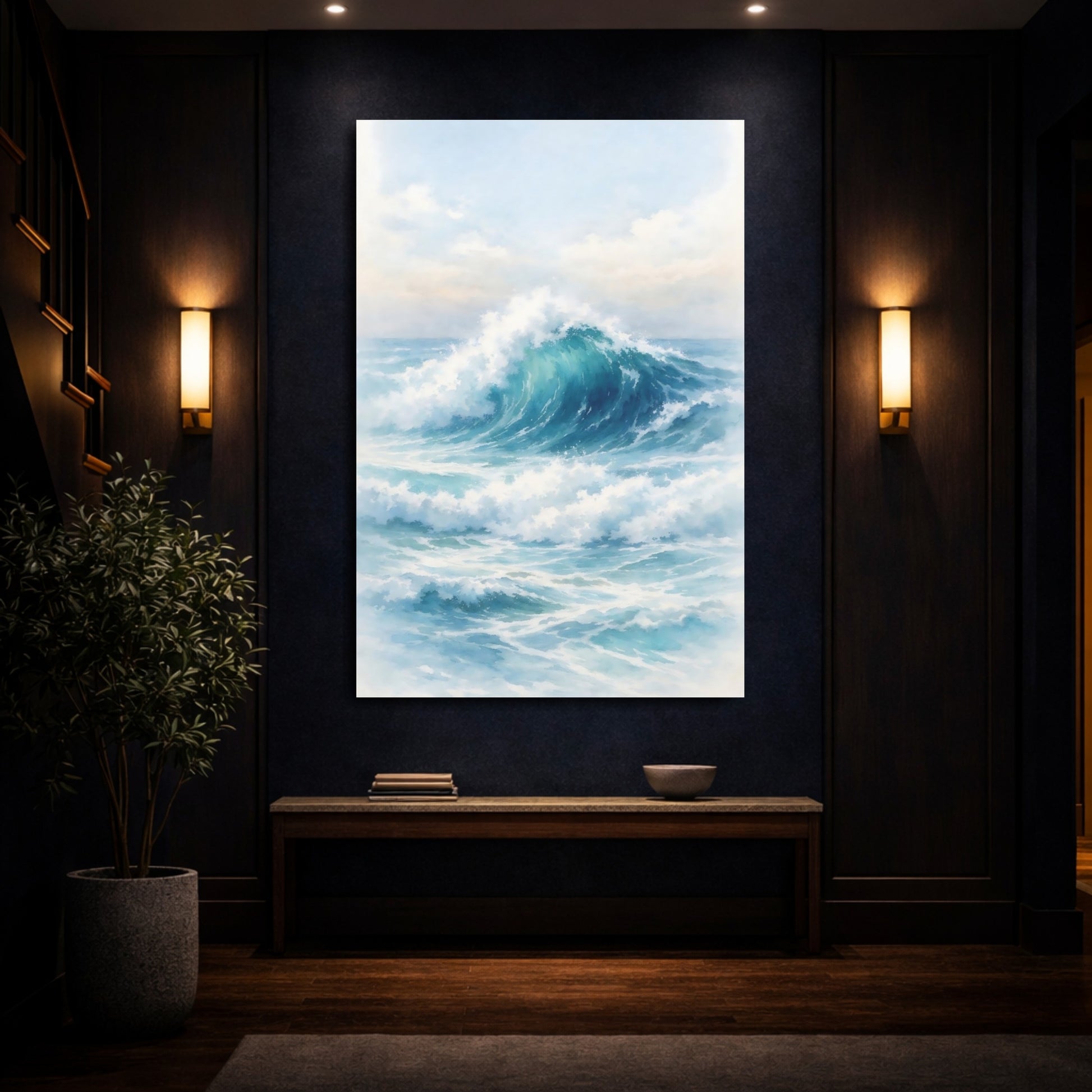 Mockup 3. Nature Ocean Wave Blue Ocean Wave shown as stretched canvas wall art