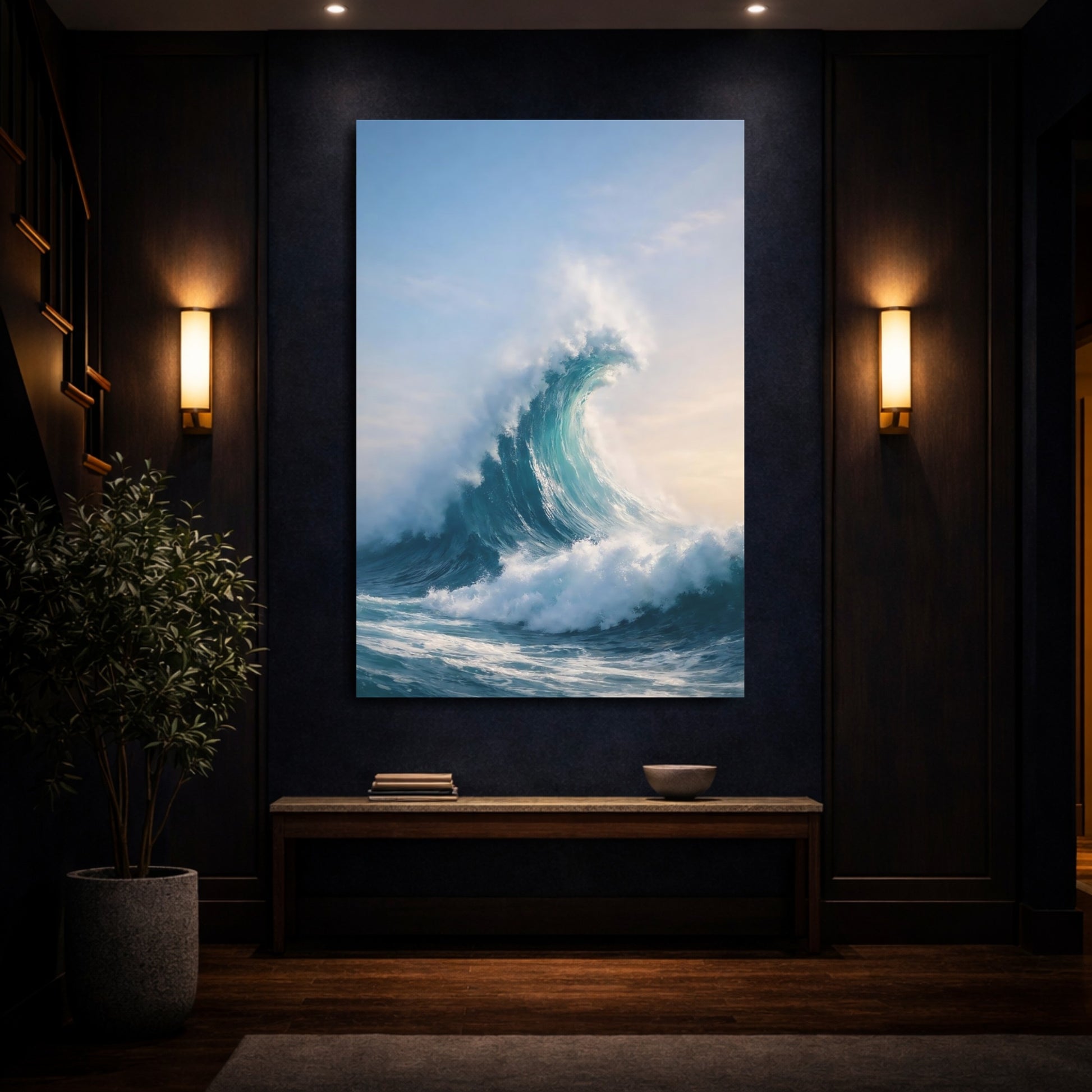 Mockup 3. Nature Ocean Wave Blue Ocean Wave shown as stretched canvas wall art