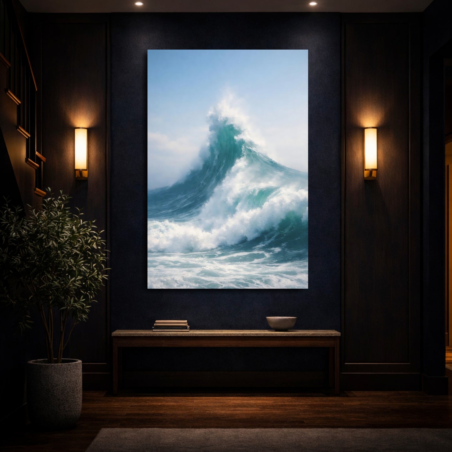 Mockup 3. Nature Ocean Wave Blue Ocean Wave shown as stretched canvas wall art