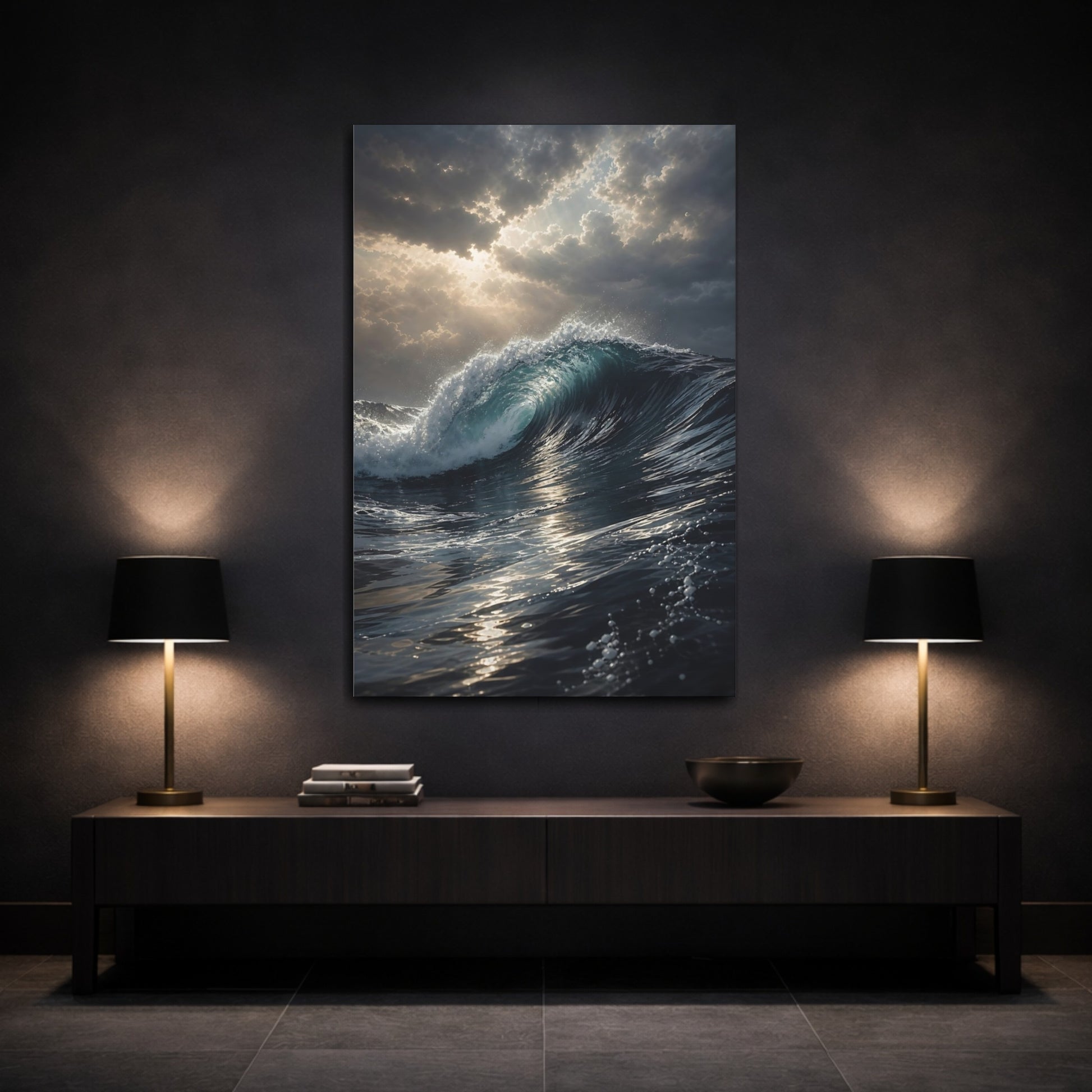 Mockup 3. Nature Ocean Wave Blue Ocean Wave shown as stretched canvas wall art