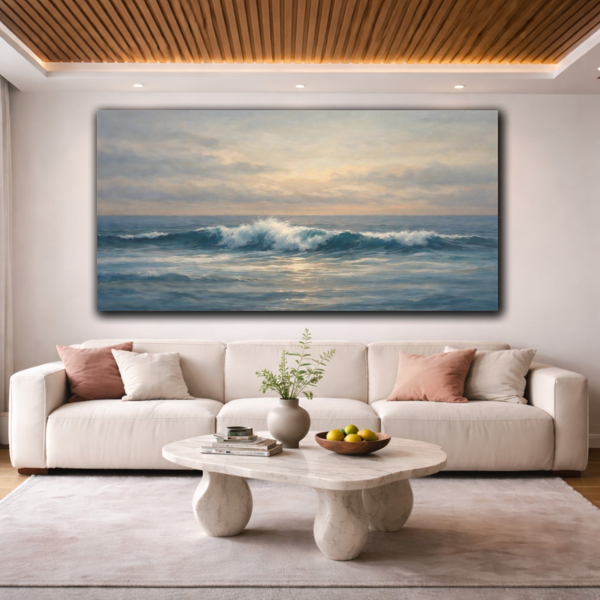 Mockup 3. Nature Ocean Wave Blue Ocean Wave shown as stretched canvas wall art