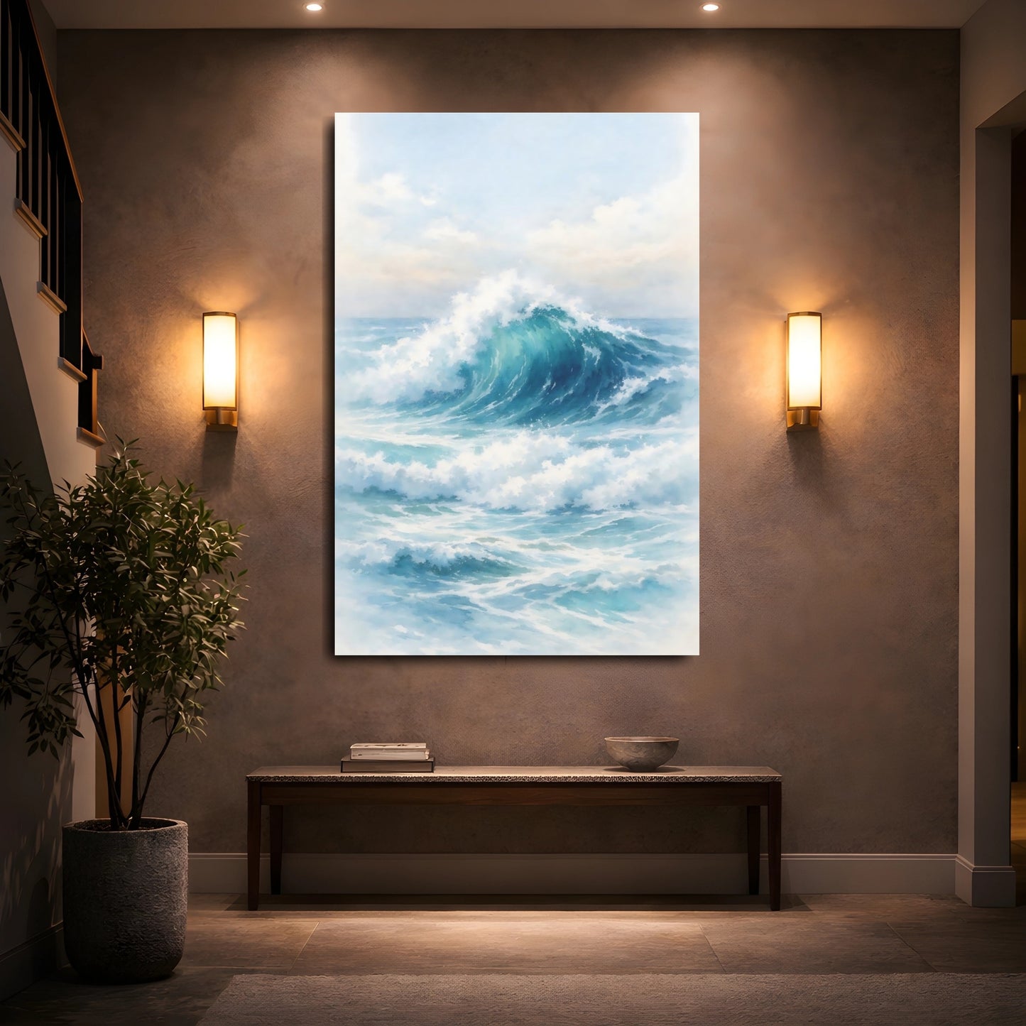 Mockup 4. Nature Ocean Wave Blue Ocean Wave shown as stretched canvas wall art