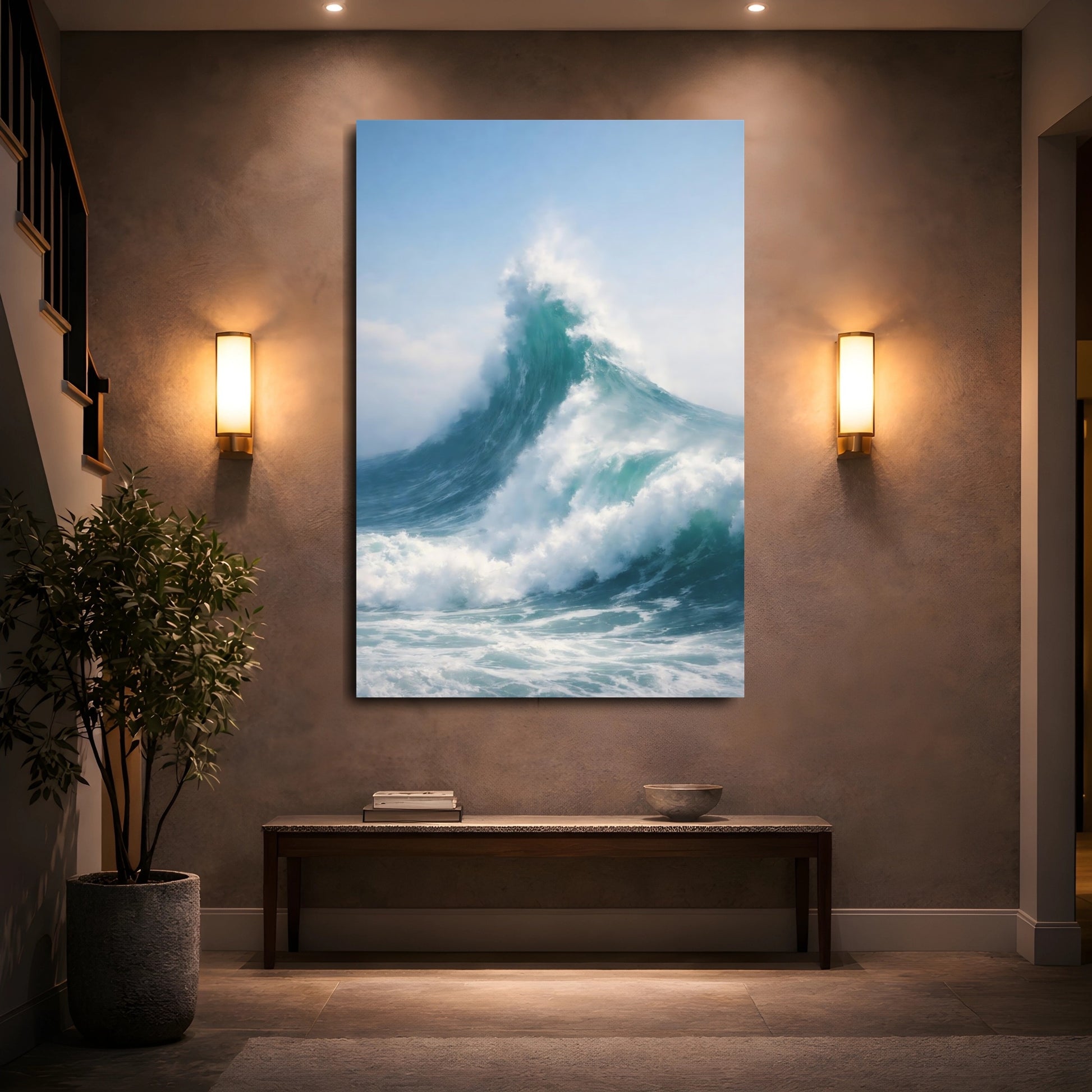 Mockup 4. Nature Ocean Wave Blue Ocean Wave shown as stretched canvas wall art