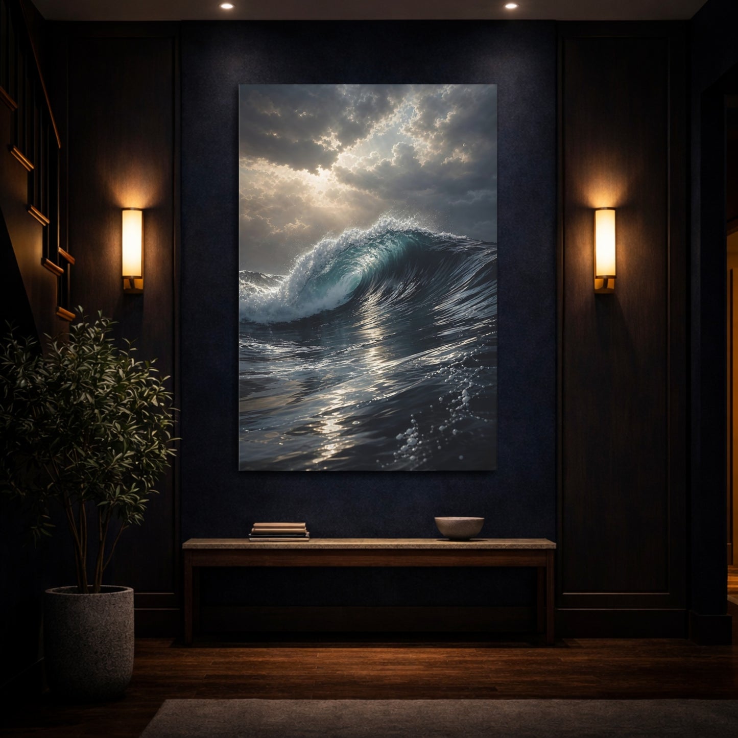 Mockup 4. Nature Ocean Wave Blue Ocean Wave shown as stretched canvas wall art