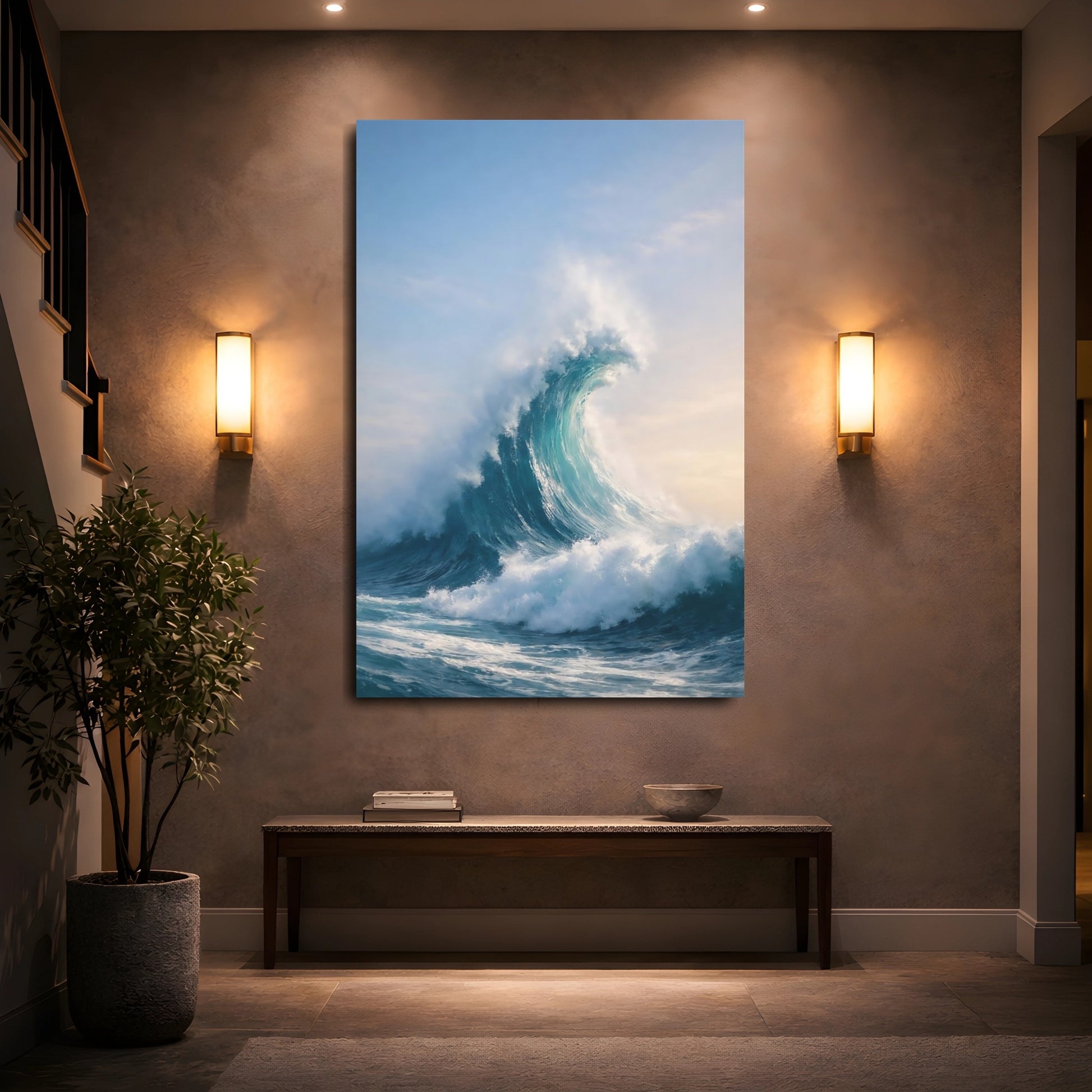 Mockup 4. Nature Ocean Wave Blue Ocean Wave shown as stretched canvas wall art