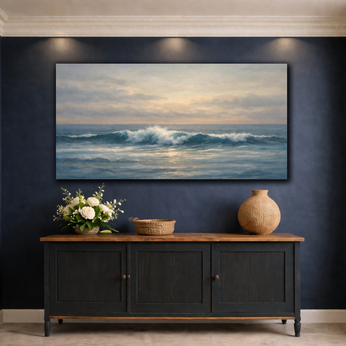 Mockup 4. Nature Ocean Wave Blue Ocean Wave shown as stretched canvas wall art
