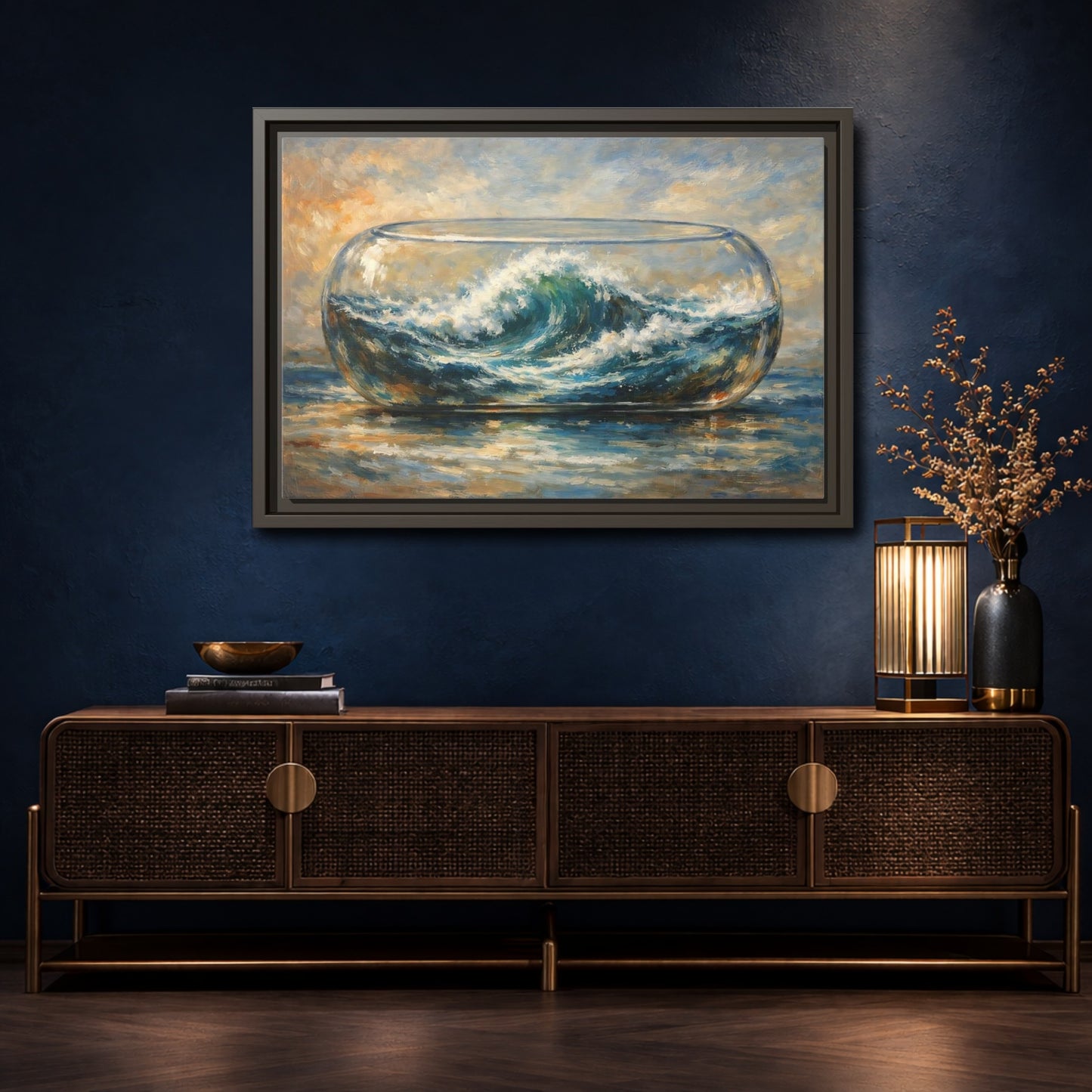 Mockup 4. Nature Ocean Wave Blue Ocean Wave shown as stretched canvas wall art