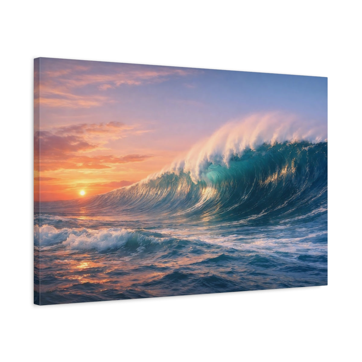 Side Mockup 2. Nature Ocean Wave Blue Orange Wave shown as stretched canvas wall art