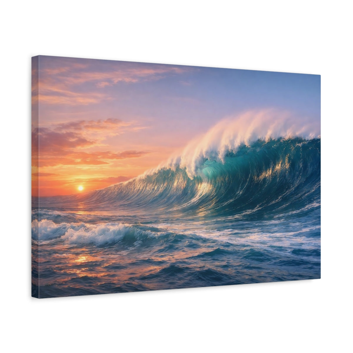 Side Mockup 3. Nature Ocean Wave Blue Orange Wave shown as stretched canvas wall art