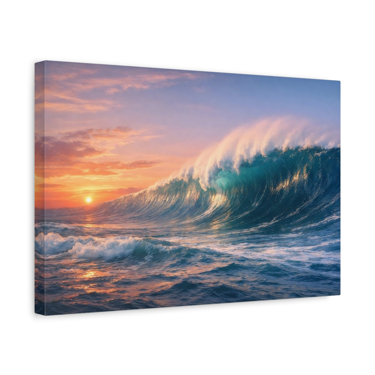 Side Mockup 4. Nature Ocean Wave Blue Orange Wave shown as stretched canvas wall art