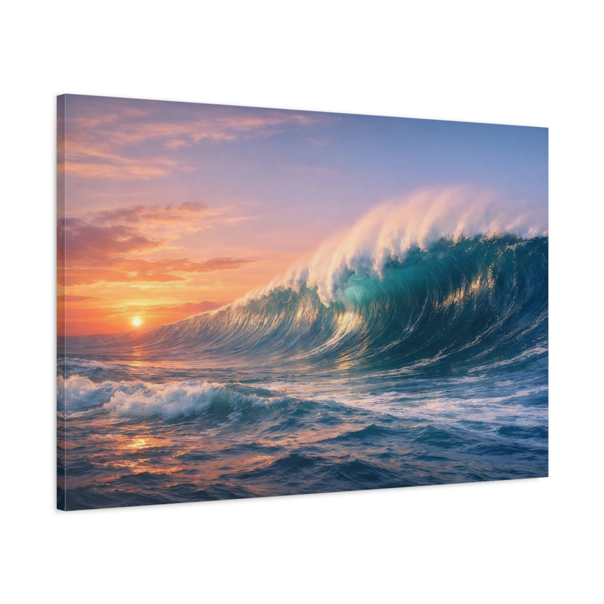 Main Mockup. Nature Ocean Wave Blue Orange Wave shown as stretched canvas wall art
