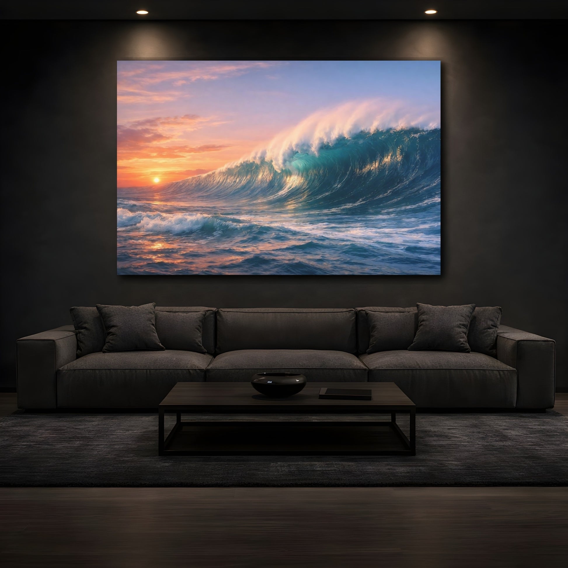 Mockup 2. Nature Ocean Wave Blue Orange Wave shown as stretched canvas wall art