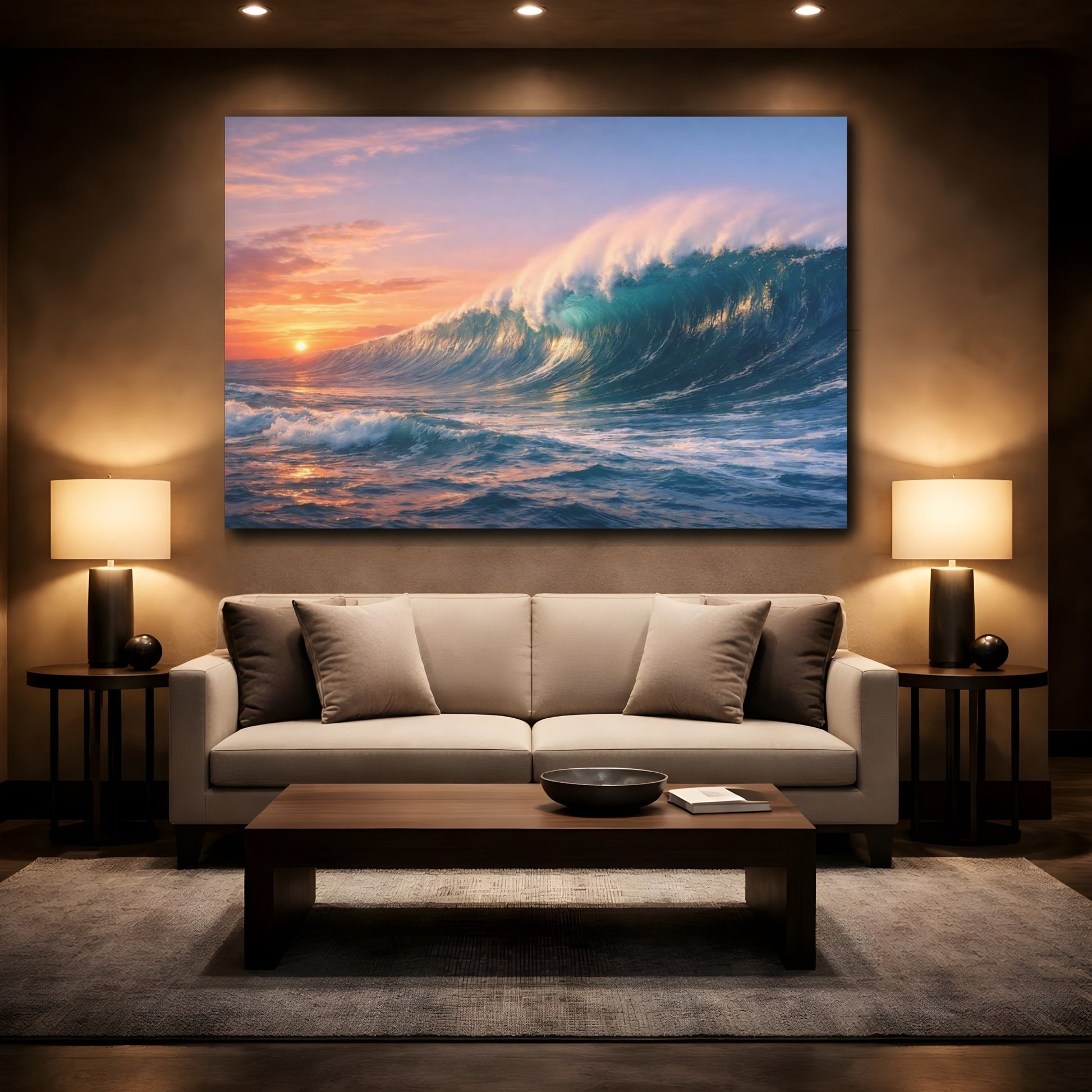 Mockup 3. Nature Ocean Wave Blue Orange Wave shown as stretched canvas wall art