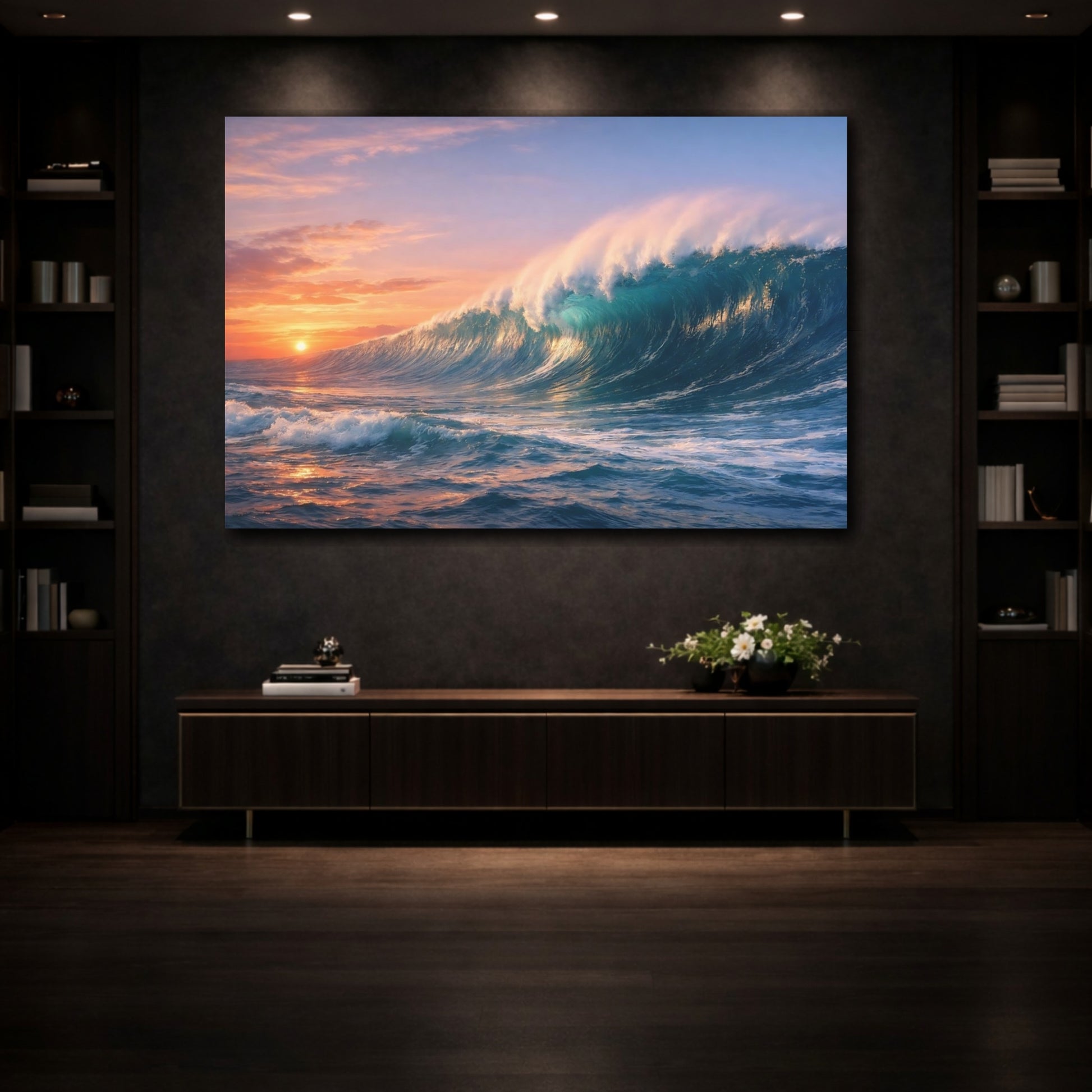 Mockup 4. Nature Ocean Wave Blue Orange Wave shown as stretched canvas wall art