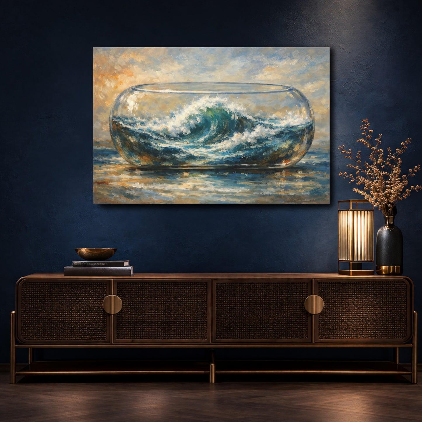 Mockup 4. Nature Ocean Wave Blue Wave Art shown as stretched canvas wall art