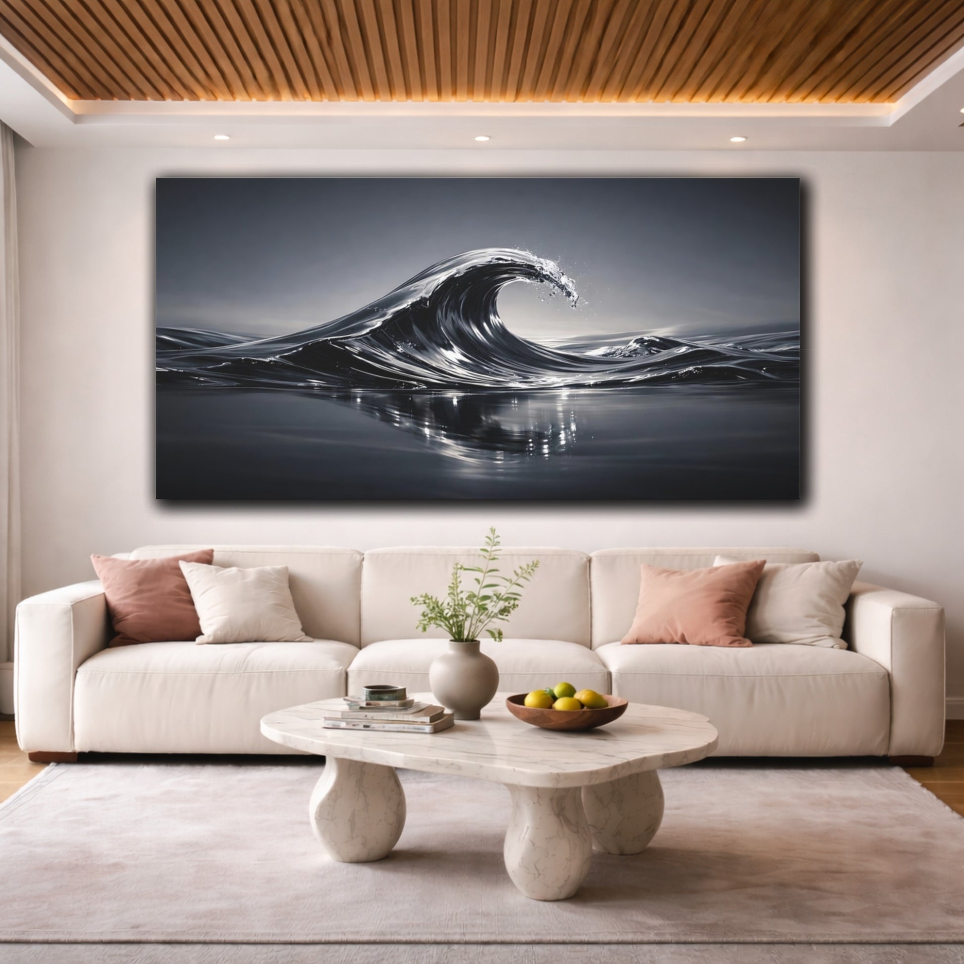 Mockup 3. Nature Ocean Wave Dark Ocean Wave shown as stretched canvas wall art