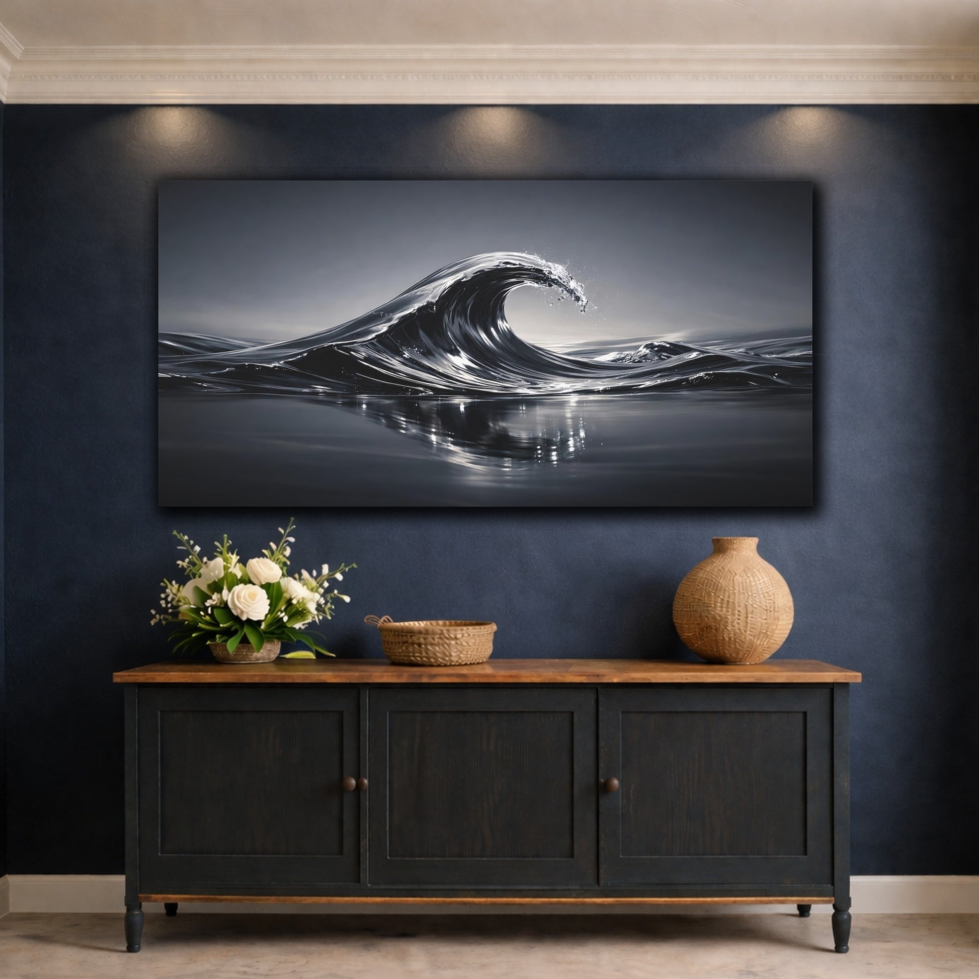 Mockup 4. Nature Ocean Wave Dark Ocean Wave shown as stretched canvas wall art