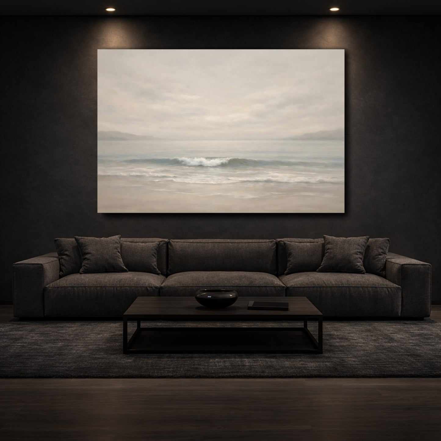 Mockup 2. Nature Ocean Wave Muted Seascape shown as stretched canvas wall art