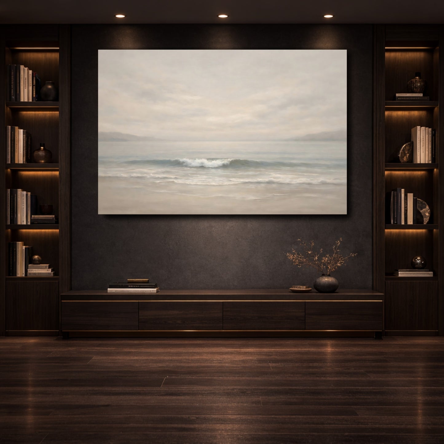 Mockup 3. Nature Ocean Wave Muted Seascape shown as stretched canvas wall art