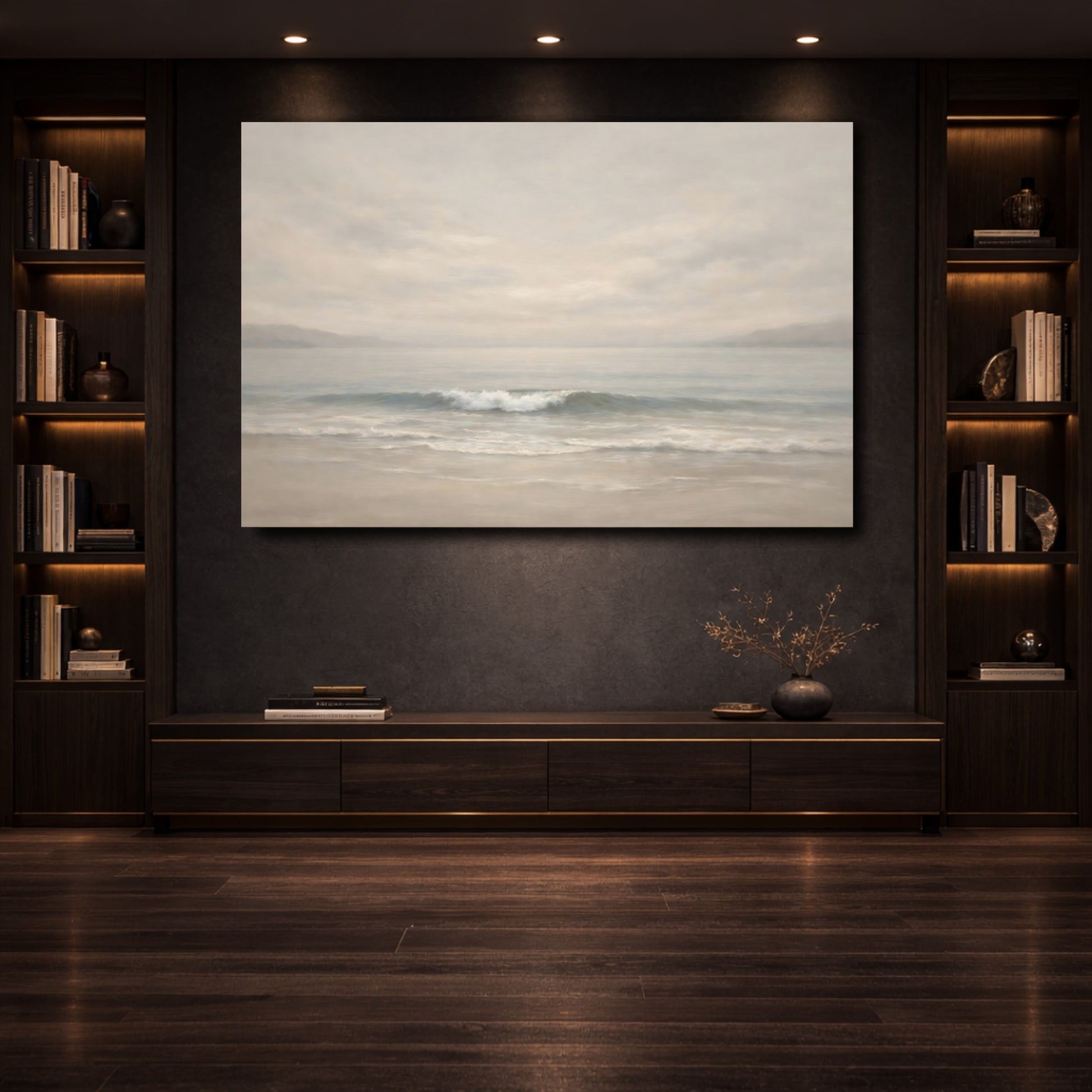 Mockup 3. Nature Ocean Wave Muted Seascape shown as stretched canvas wall art