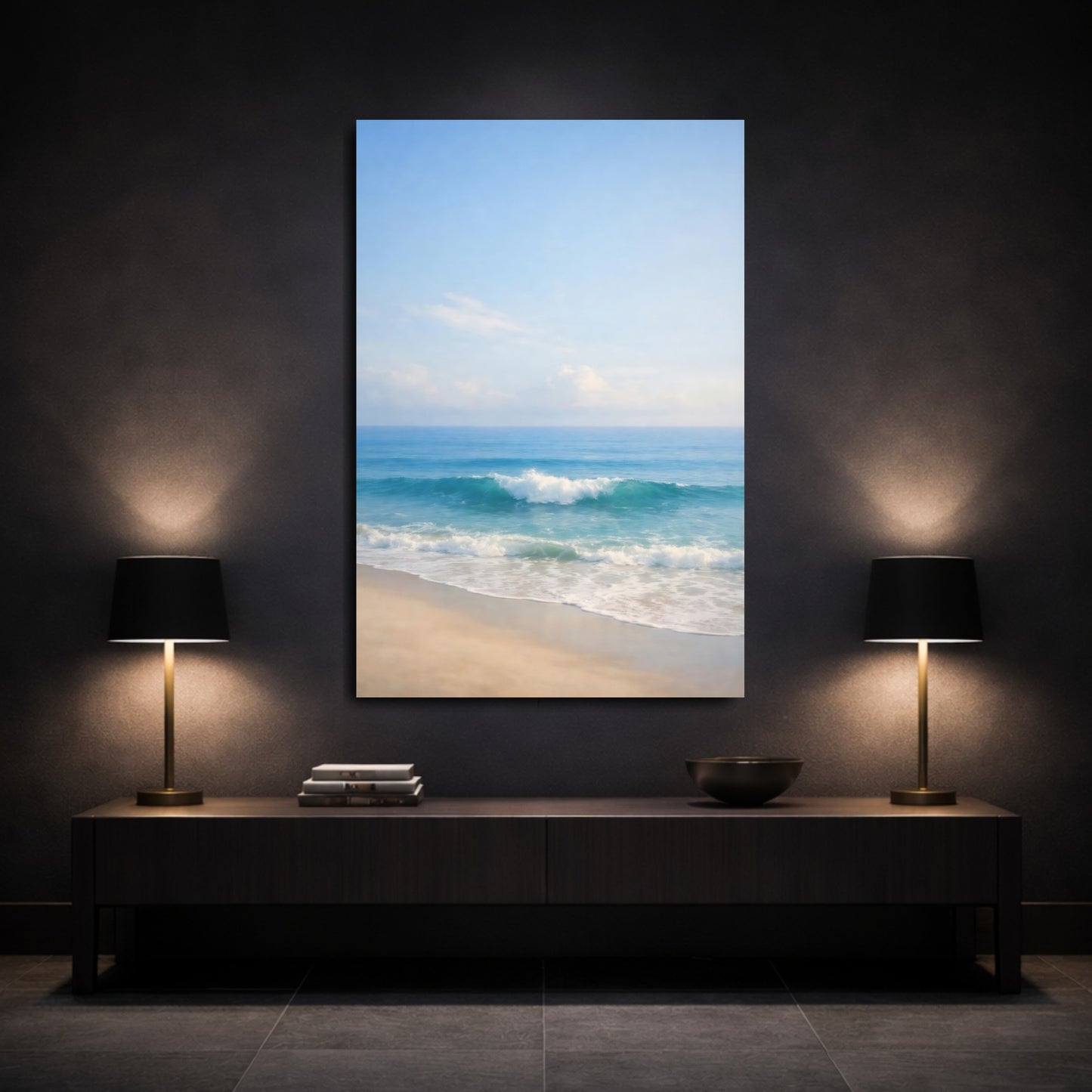 Mockup 2. Nature Ocean Wave Ocean Beach Blue shown as stretched canvas wall art