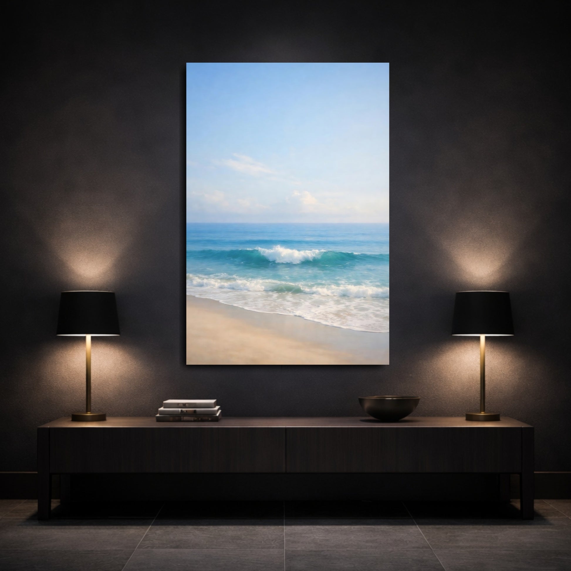 Mockup 2. Nature Ocean Wave Ocean Beach Blue shown as stretched canvas wall art