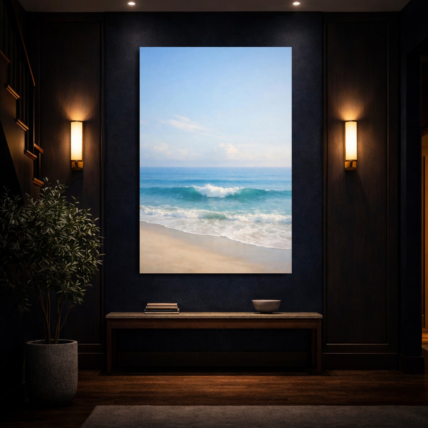 Mockup 3. Nature Ocean Wave Ocean Beach Blue shown as stretched canvas wall art