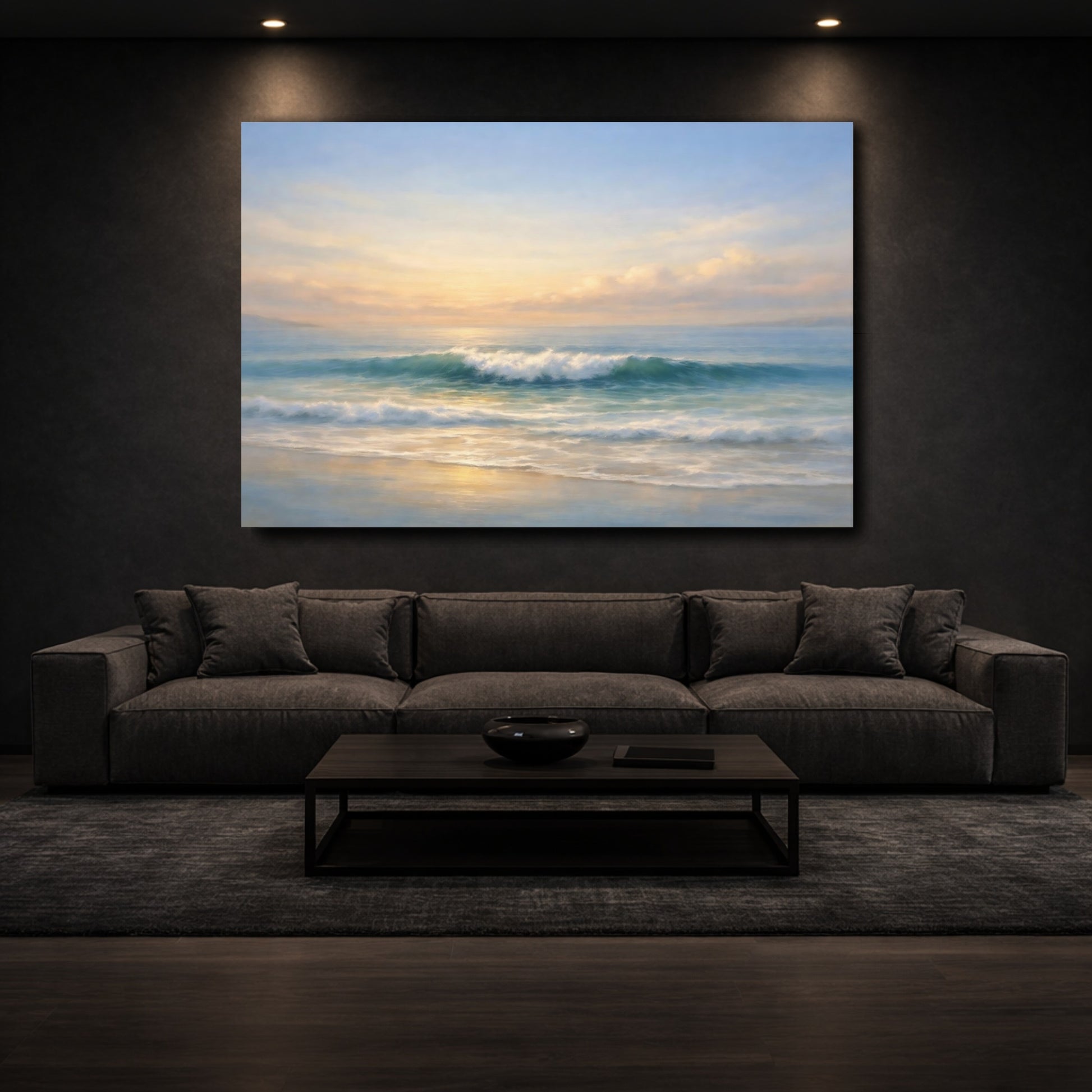 Mockup 2. Nature Ocean Wave Ocean Sunset shown as stretched canvas wall art