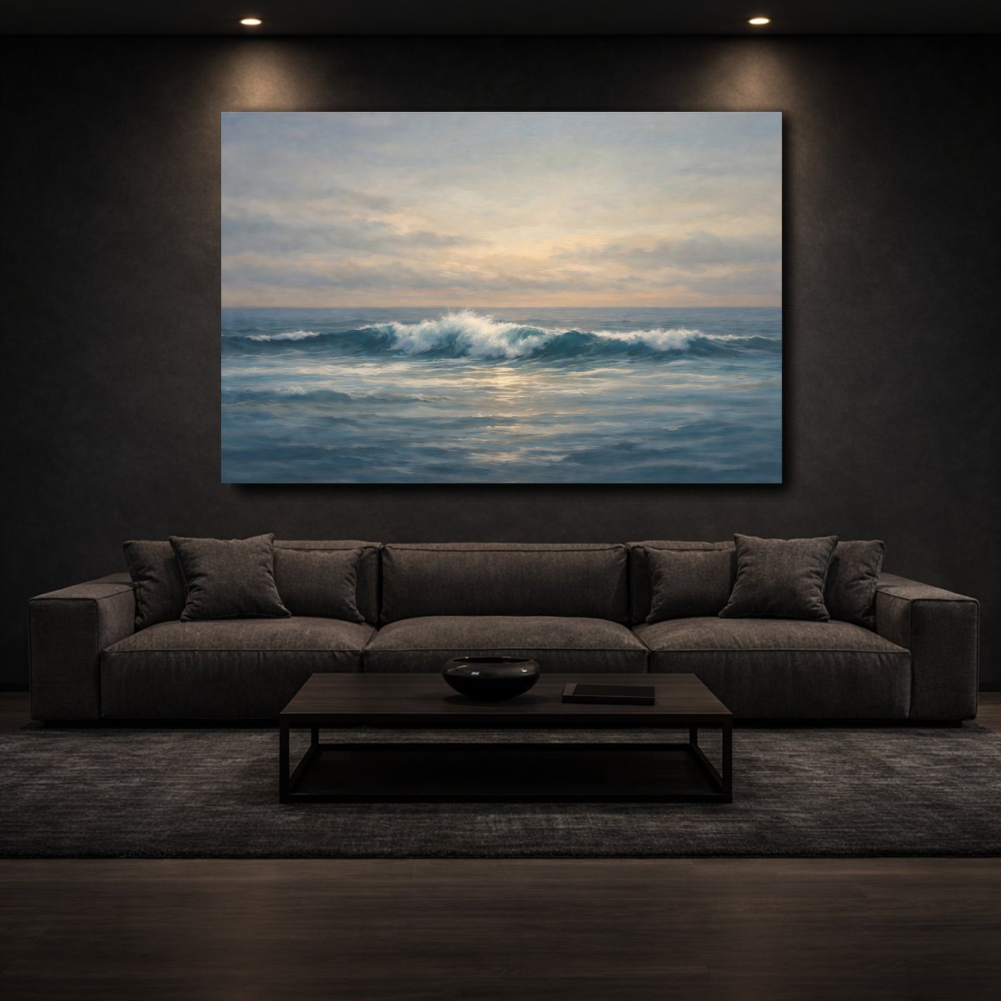 Mockup 2. Nature Ocean Wave Ocean Sunset shown as stretched canvas wall art