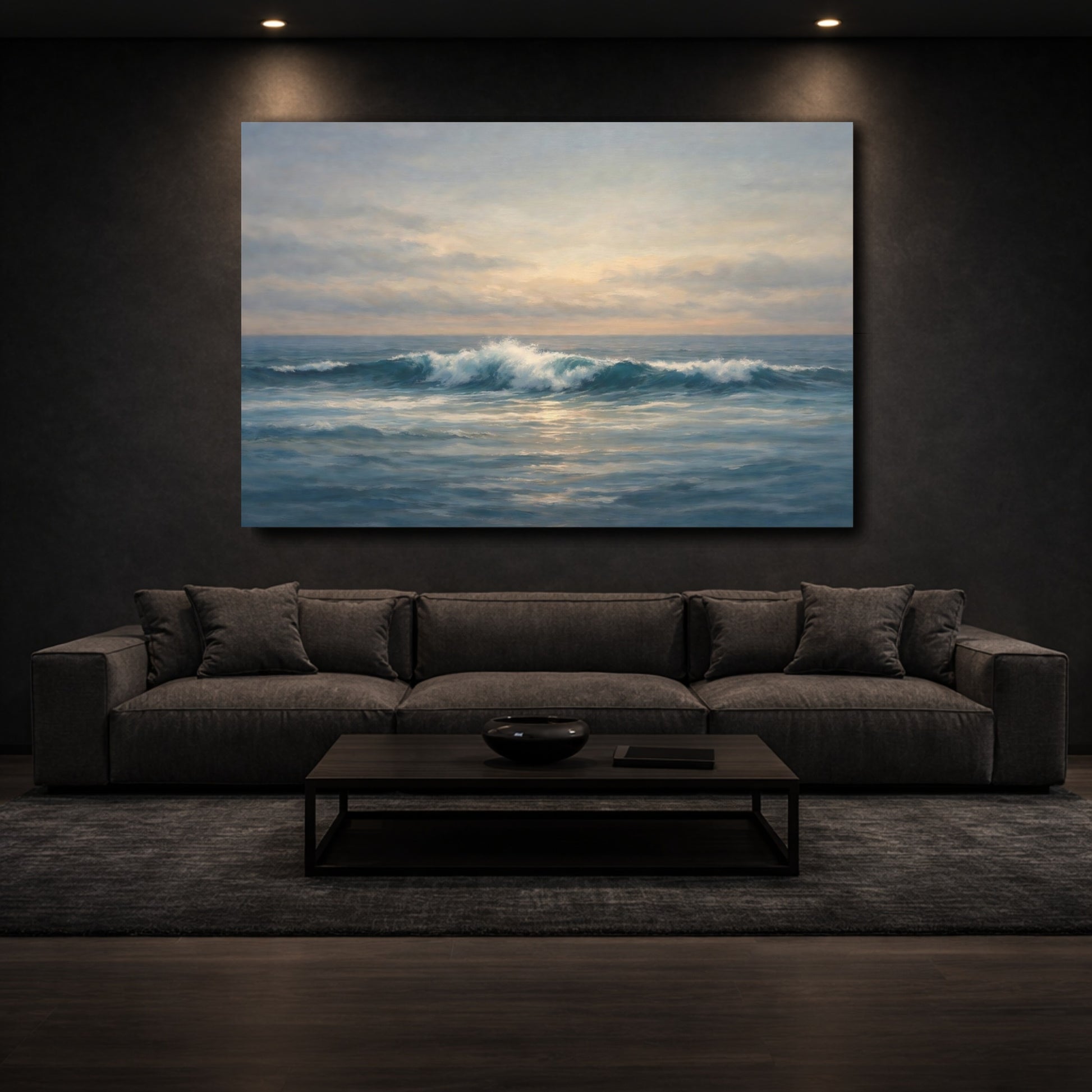 Mockup 2. Nature Ocean Wave Ocean Sunset shown as stretched canvas wall art