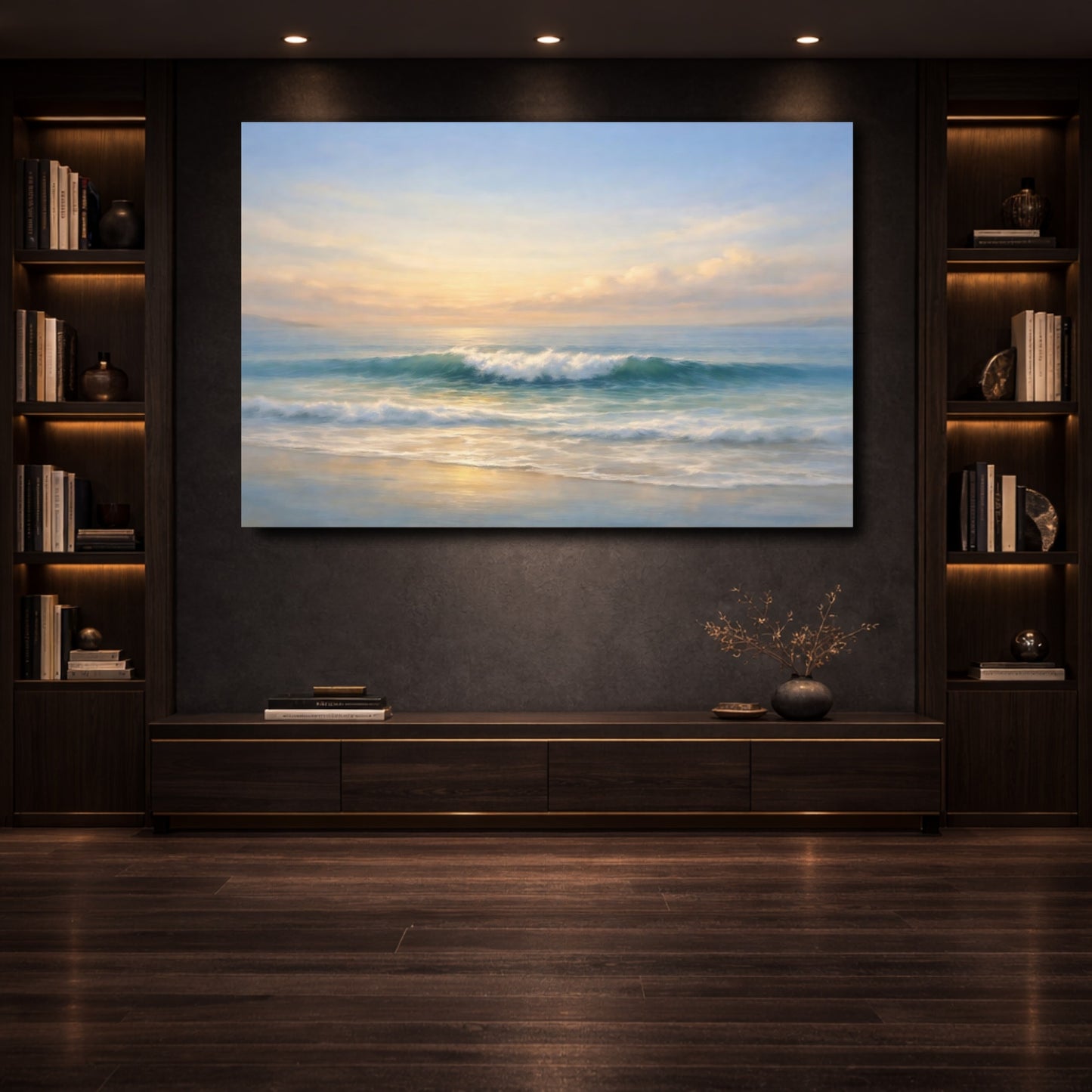 Mockup 3. Nature Ocean Wave Ocean Sunset shown as stretched canvas wall art