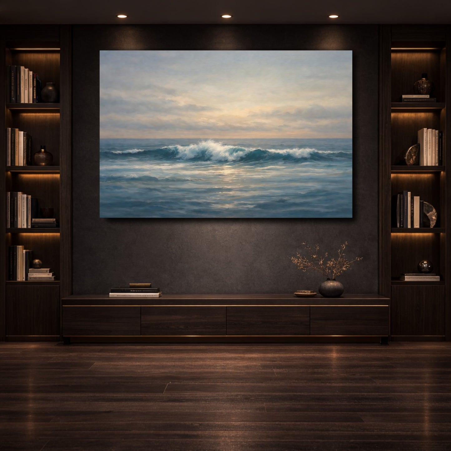 Mockup 3. Nature Ocean Wave Ocean Sunset shown as stretched canvas wall art