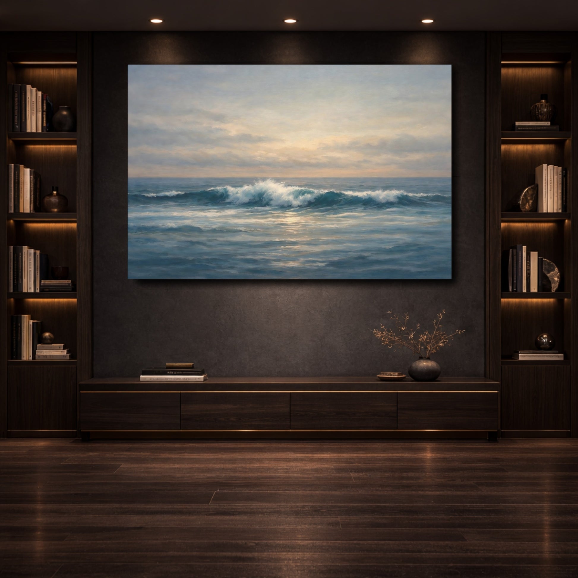 Mockup 3. Nature Ocean Wave Ocean Sunset shown as stretched canvas wall art
