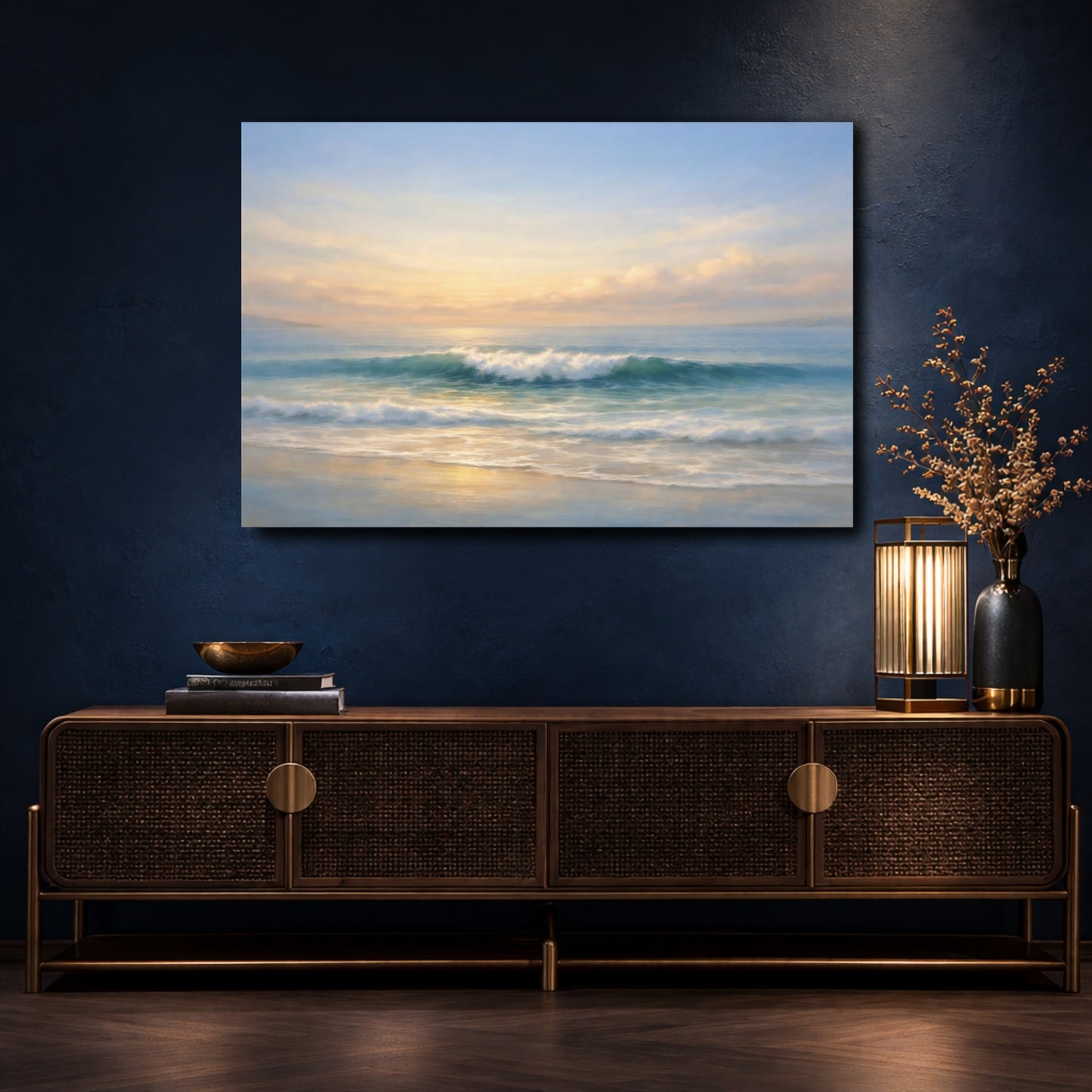Mockup 4. Nature Ocean Wave Ocean Sunset shown as stretched canvas wall art