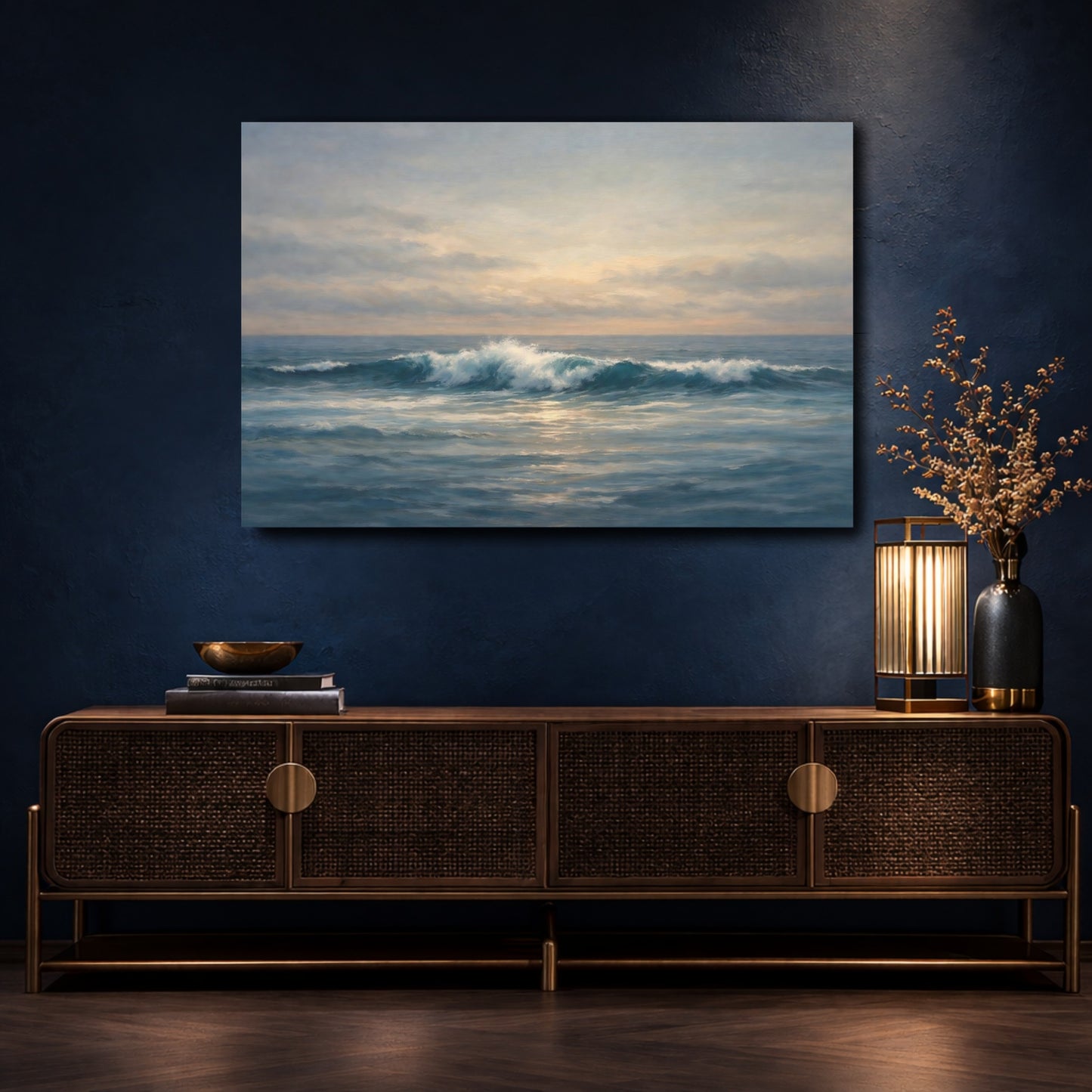 Mockup 4. Nature Ocean Wave Ocean Sunset shown as stretched canvas wall art