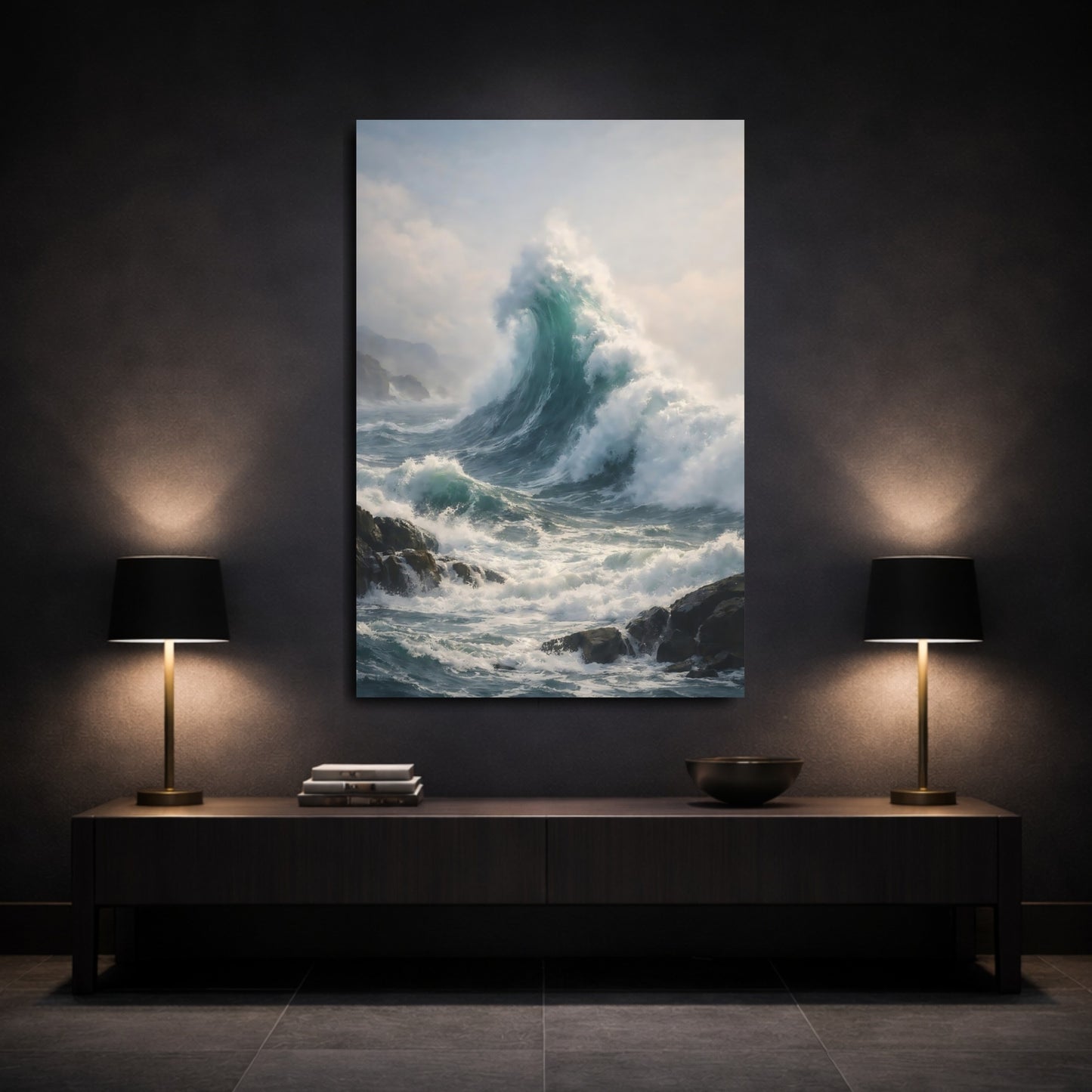 Mockup 2. Nature Ocean Wave Ocean Wave Blue shown as stretched canvas wall art