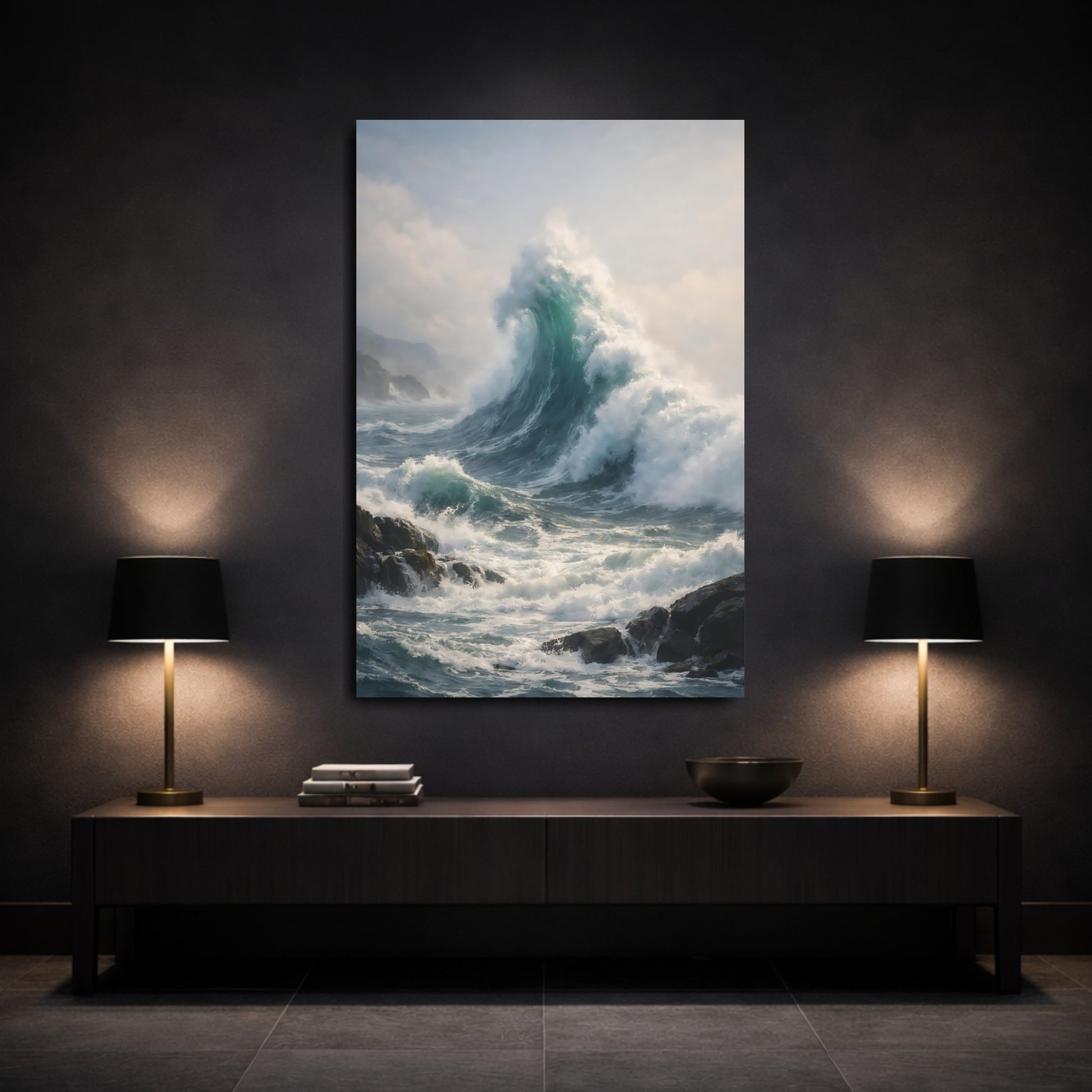 Mockup 2. Nature Ocean Wave Ocean Wave Blue shown as stretched canvas wall art