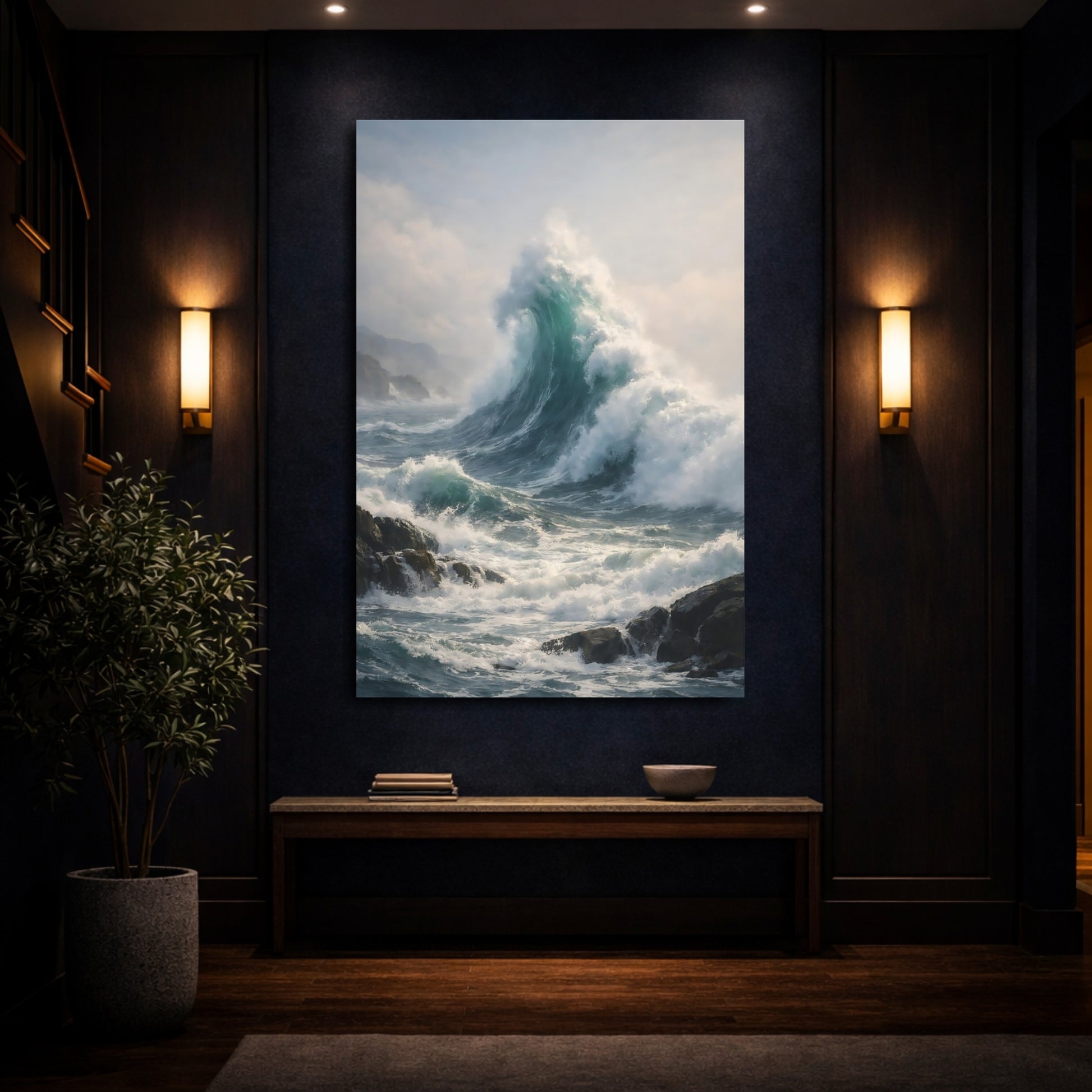 Mockup 3. Nature Ocean Wave Ocean Wave Blue shown as stretched canvas wall art