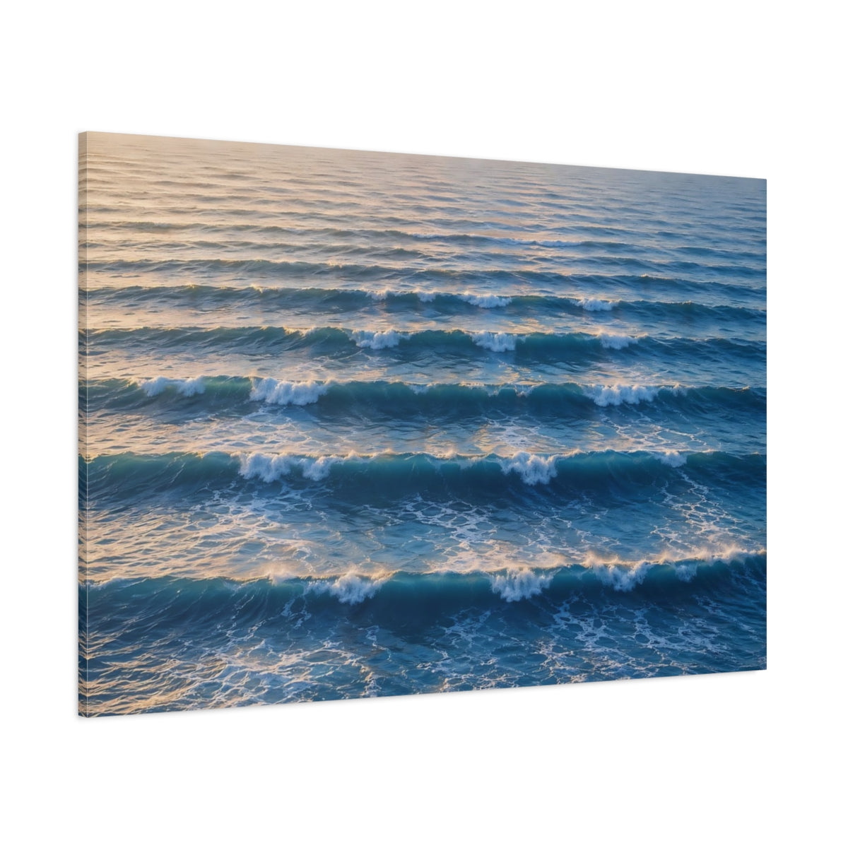 Side Mockup 1. Nature Ocean Waves Blue And Gold shown as stretched canvas wall art