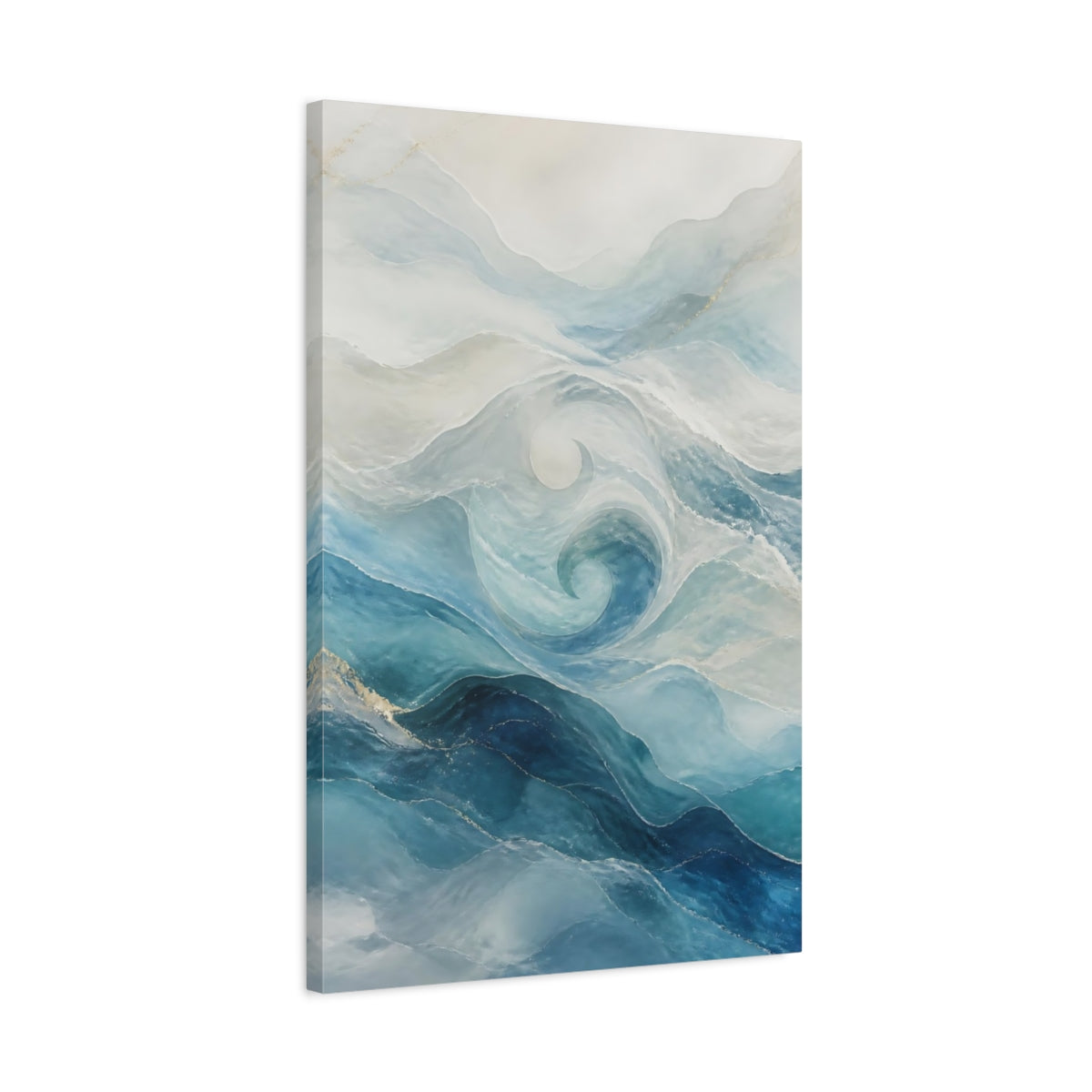 Side Mockup 2. Nature Ocean Waves Blue And Gold shown as stretched canvas wall art